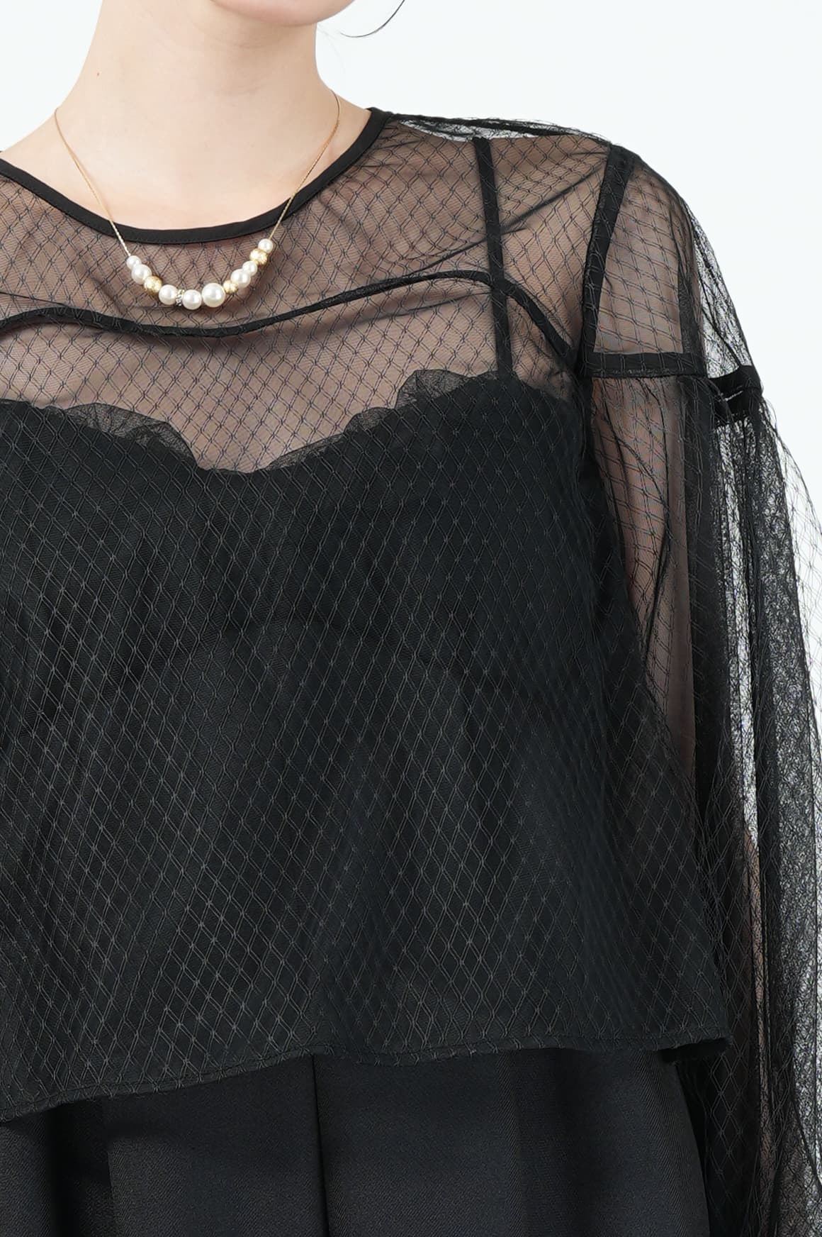 Ameri VINTAGE ネットチュールブラウス付きブラックパンツドレス
