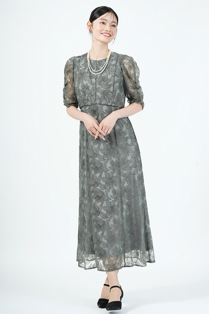アマリリス柄レースグリーンドレス