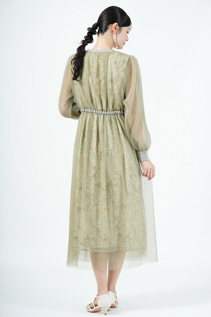 フラワー柄レイヤードチュールグリーンドレス