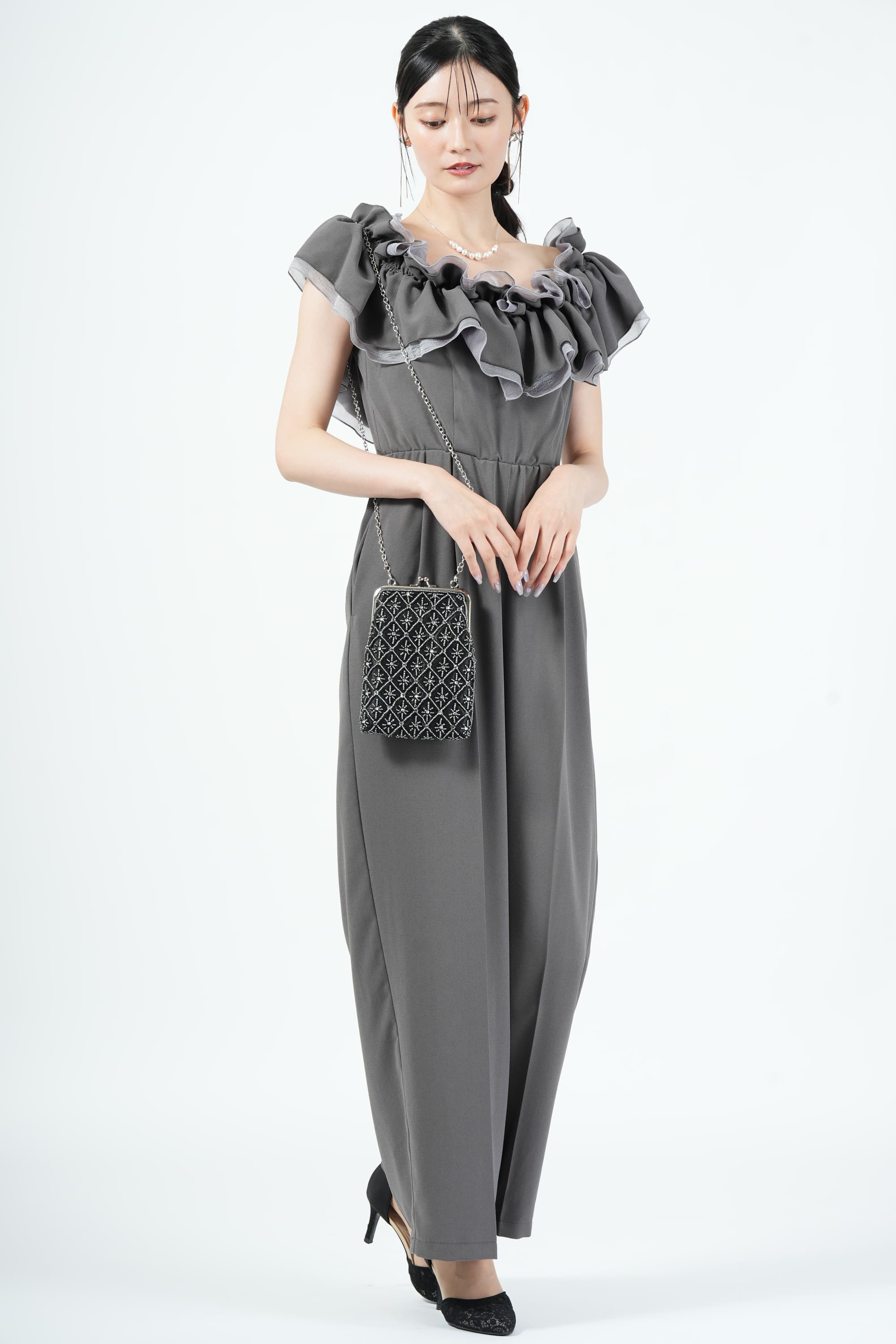 お呼ばれドレス　カスタネ　オケージョンドレス　フリルグレー　サイズ1 Kastane ギャザーフリルカラーグレーパンツドレス (M) を