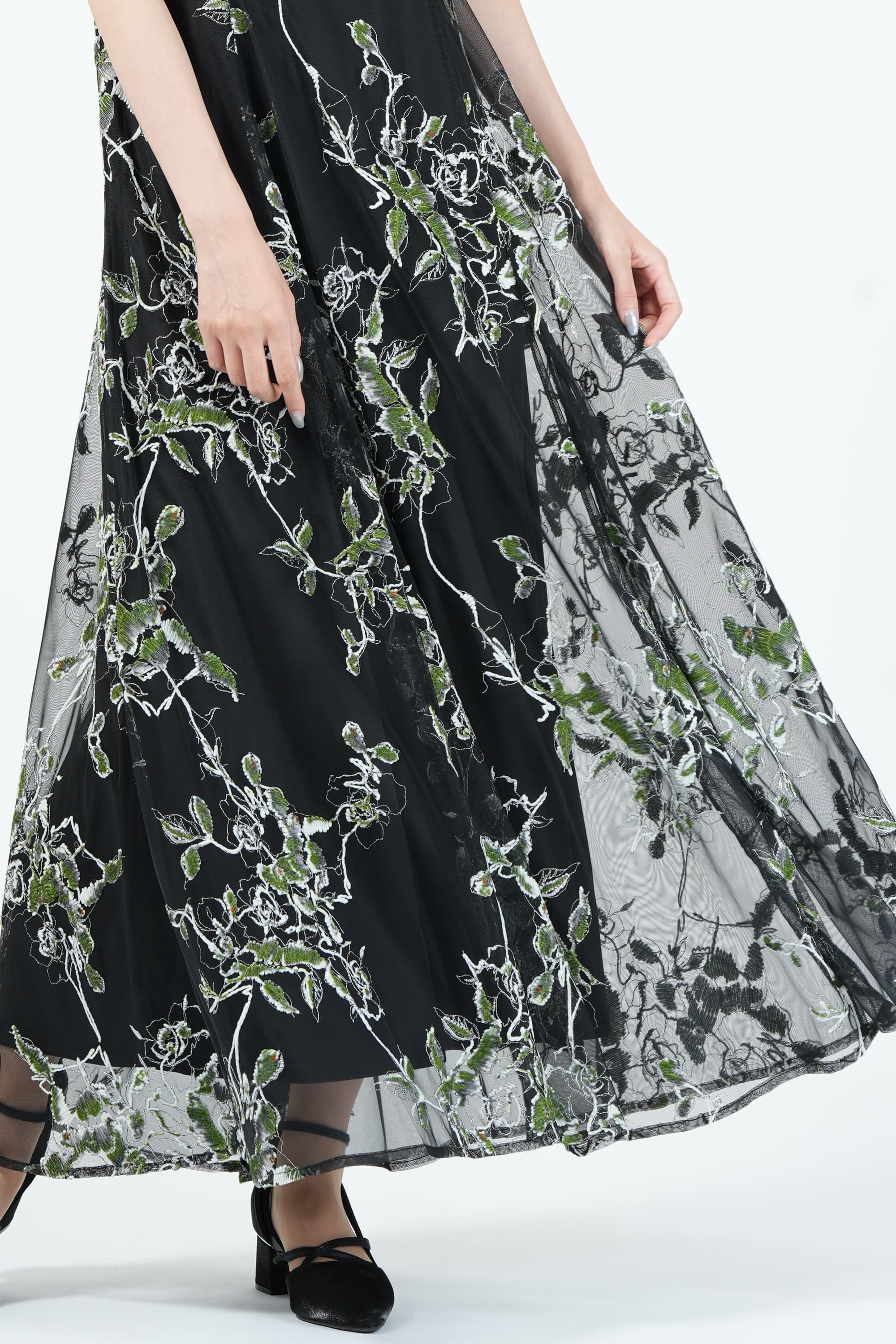 Ameri VINTAGE フロッキー野バラアートブラックドレス (S) を