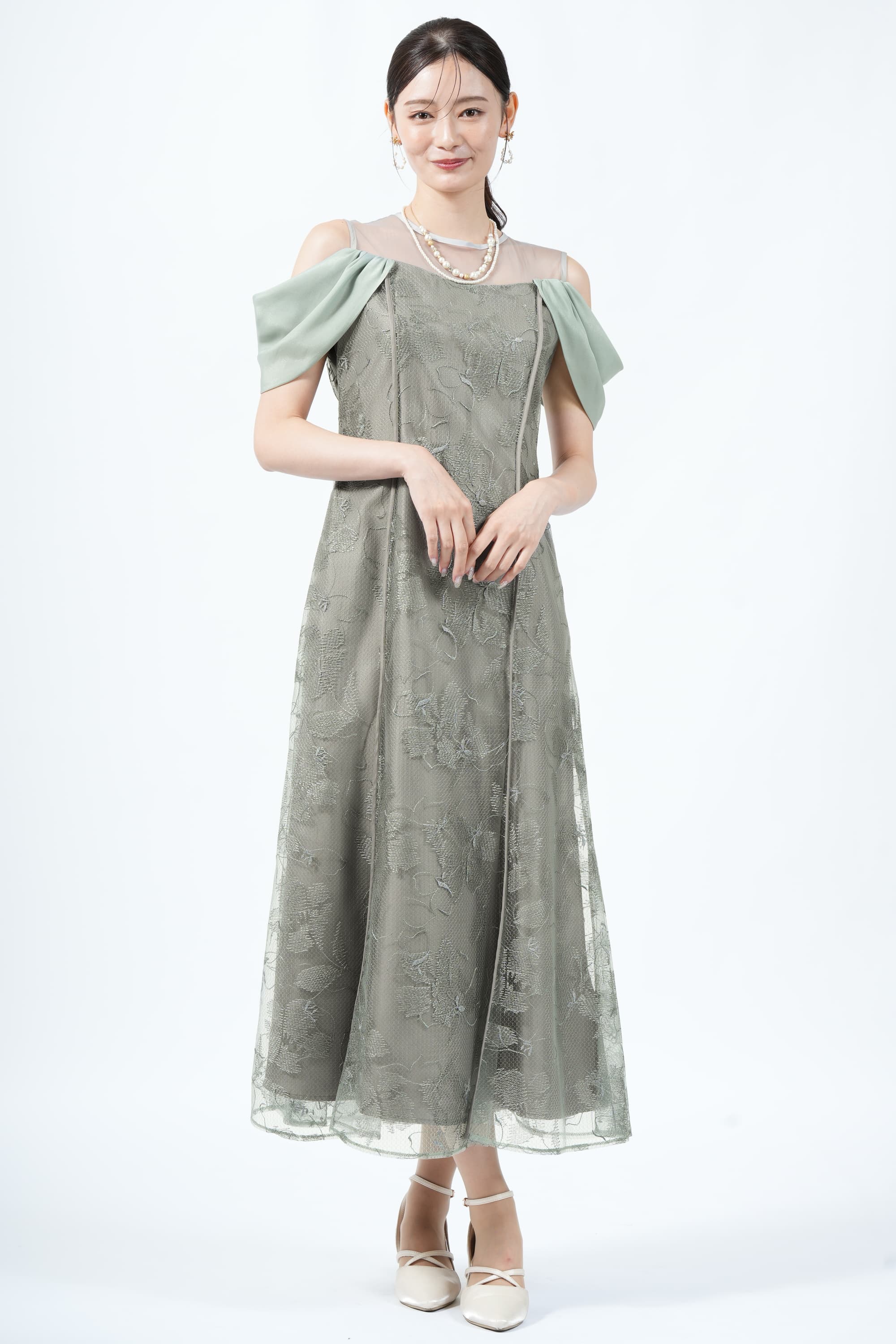 LAGUNAMOON チュール刺繍オフショルくすみグリーンドレス (S) を