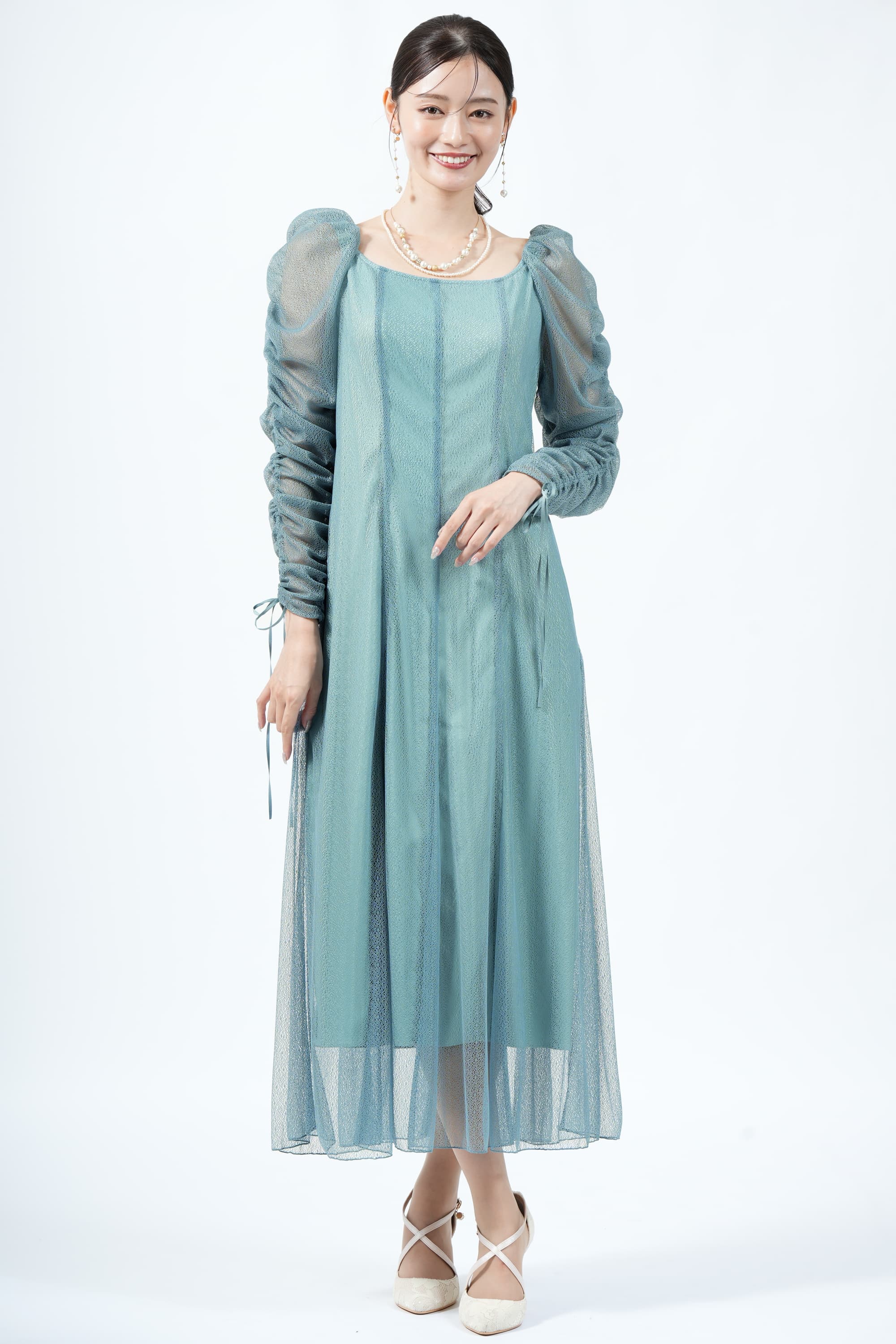 JILLSTUART バックリボン繊細チュールブルーグリーンドレス (M〜L) を