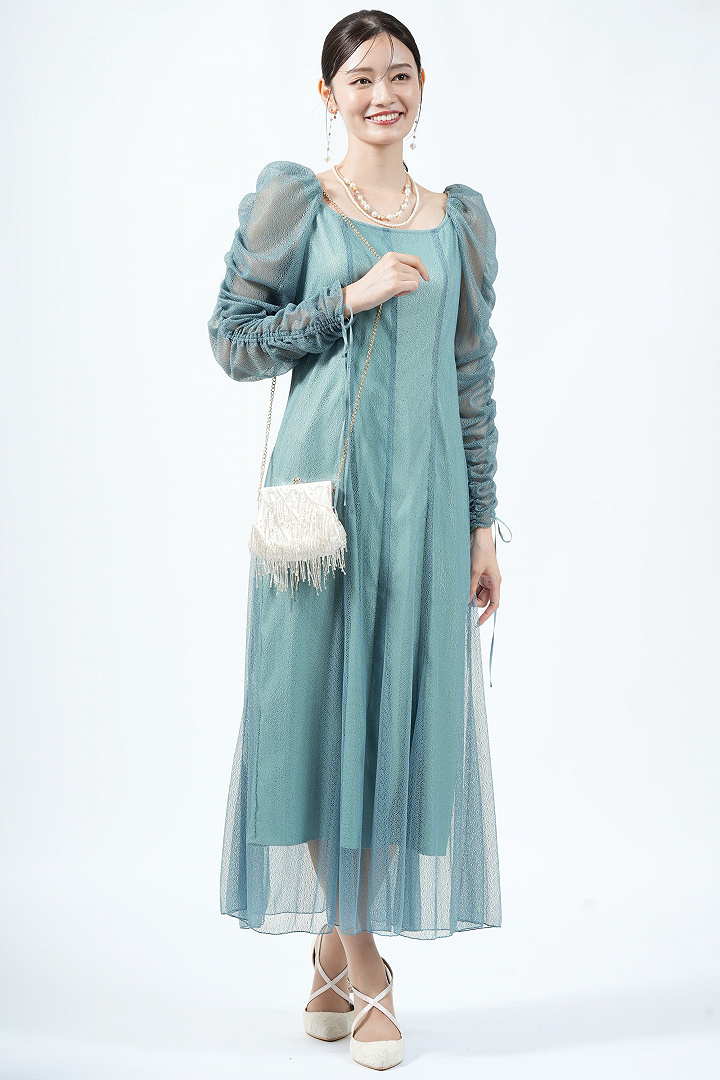 バックリボン繊細チュールブルーグリーンドレス