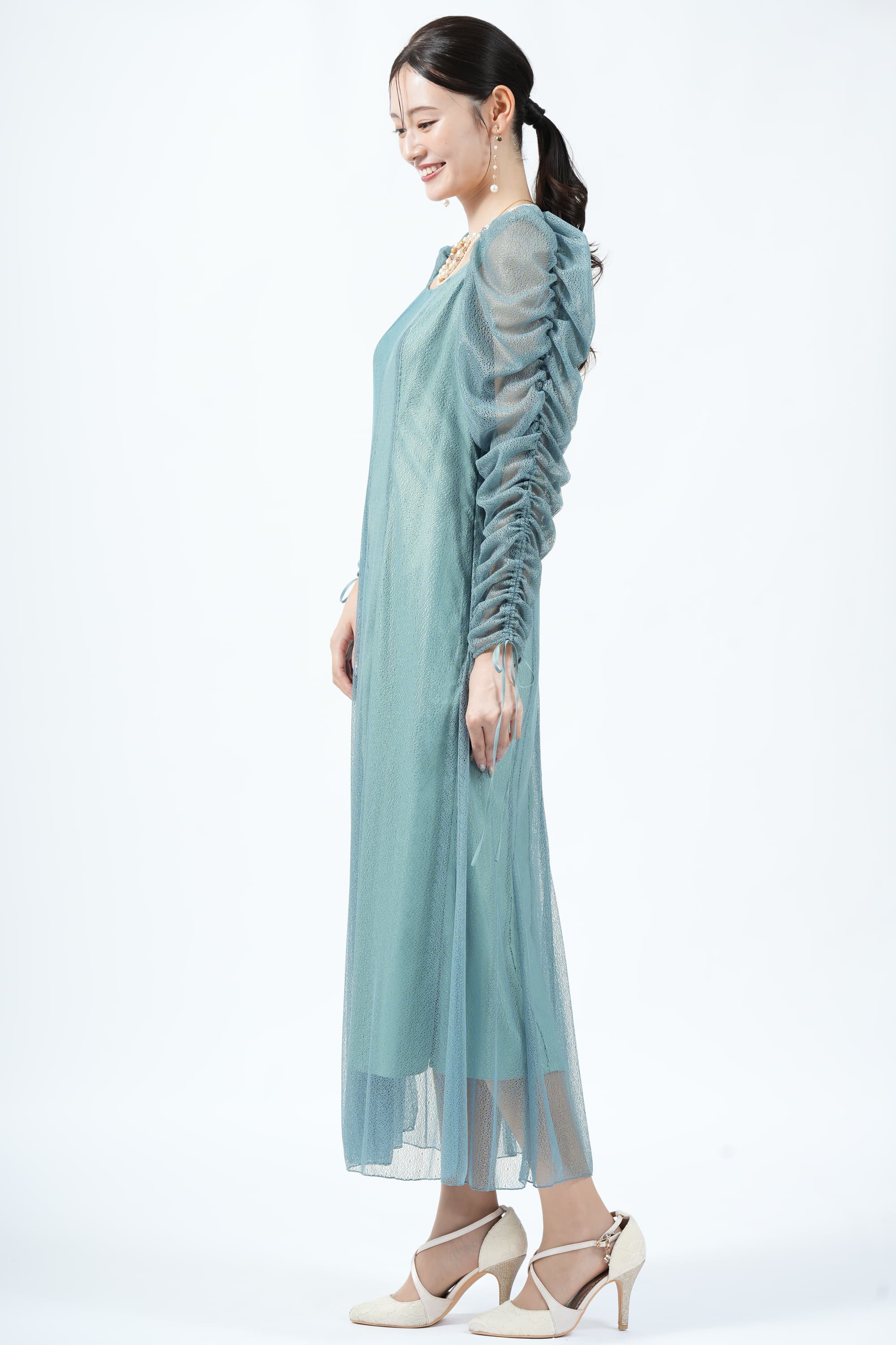 JILLSTUART バックリボン繊細チュールブルーグリーンドレス (M〜L) を