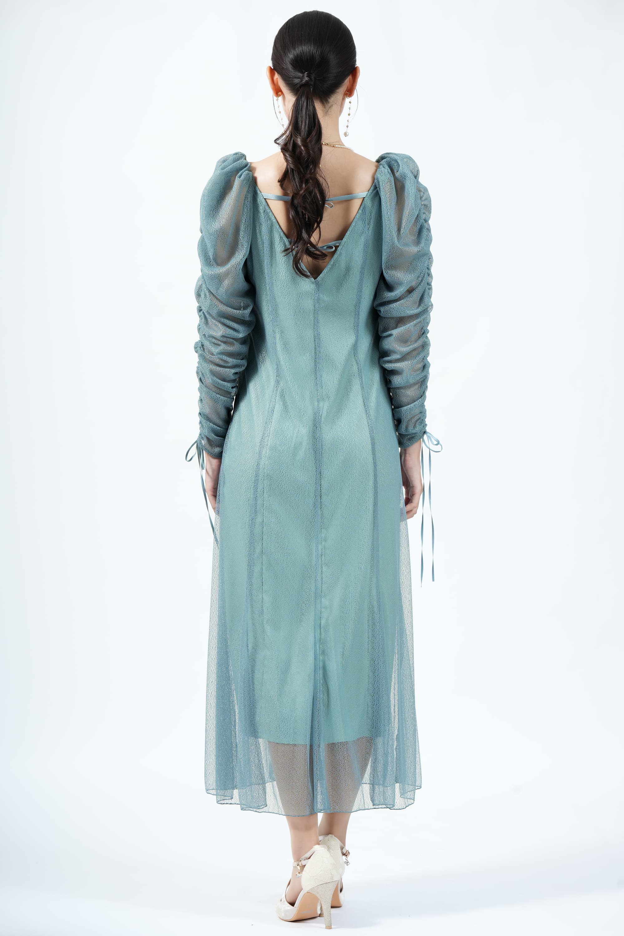 JILLSTUART バックリボン繊細チュールブルーグリーンドレス (M〜L) を