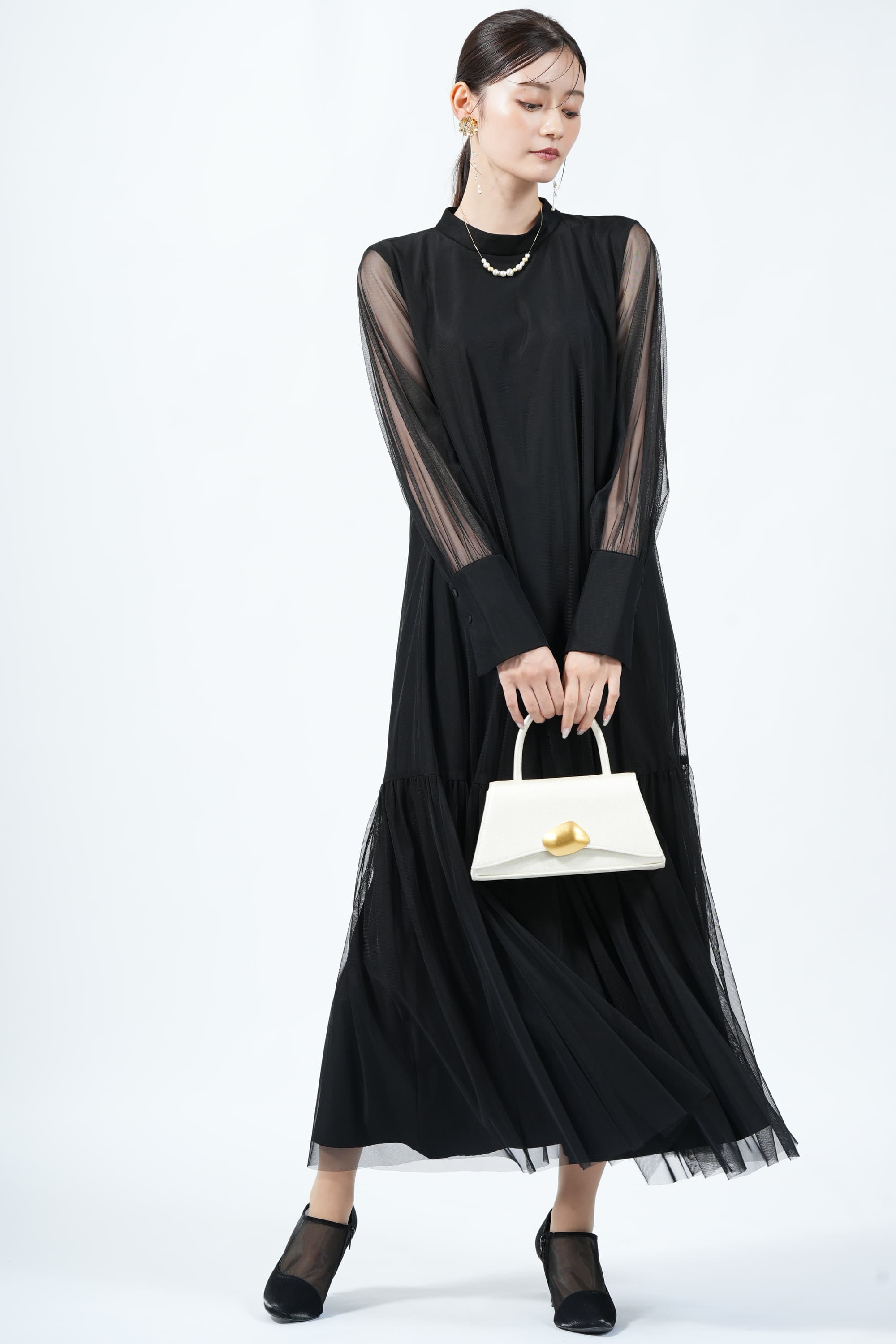 CAPRICIEUX LE'MAGE ハイネックチュールブラックドレス (S〜M