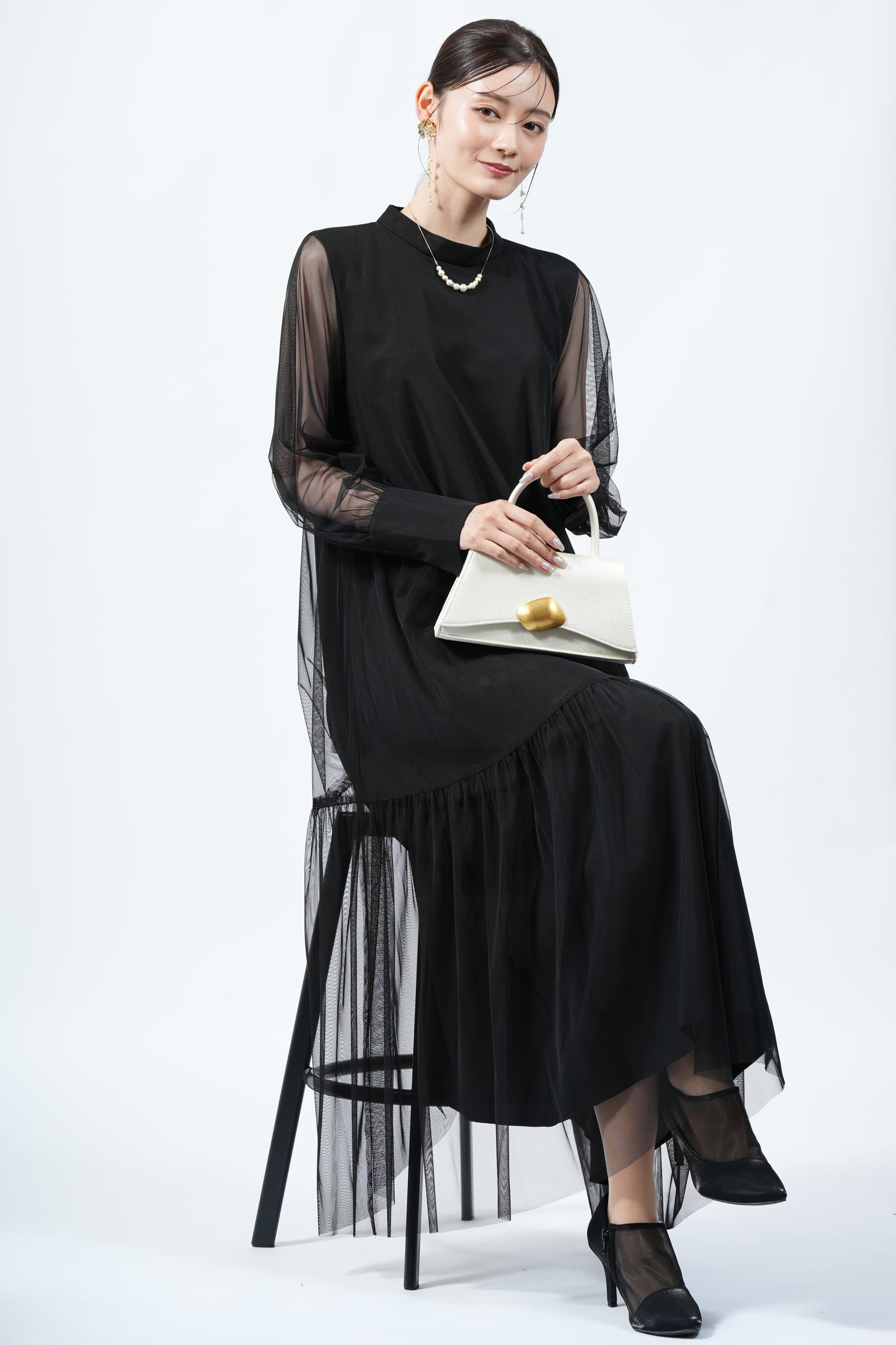 CAPRICIEUX LE'MAGE ハイネックチュールブラックドレス (M〜L