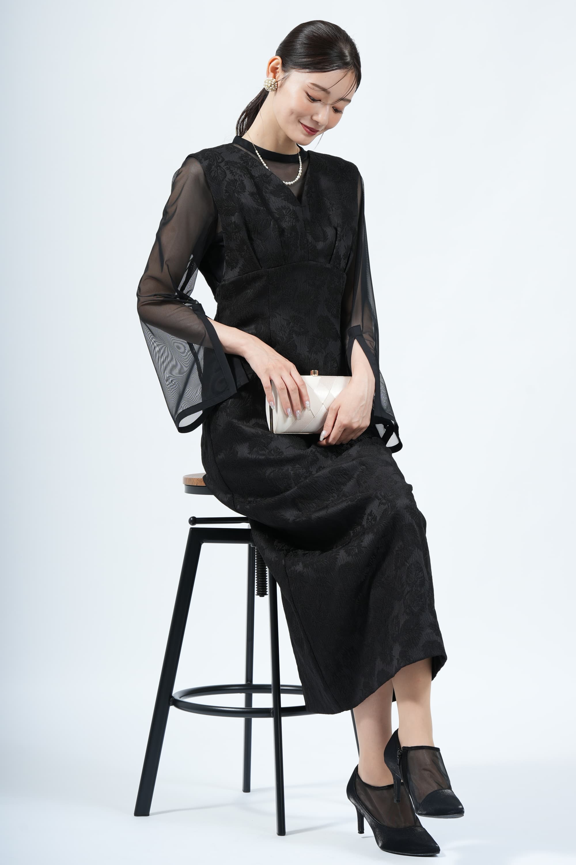 AIMER リーフ柄ジャガードジャンスカブラックドレス (L) を