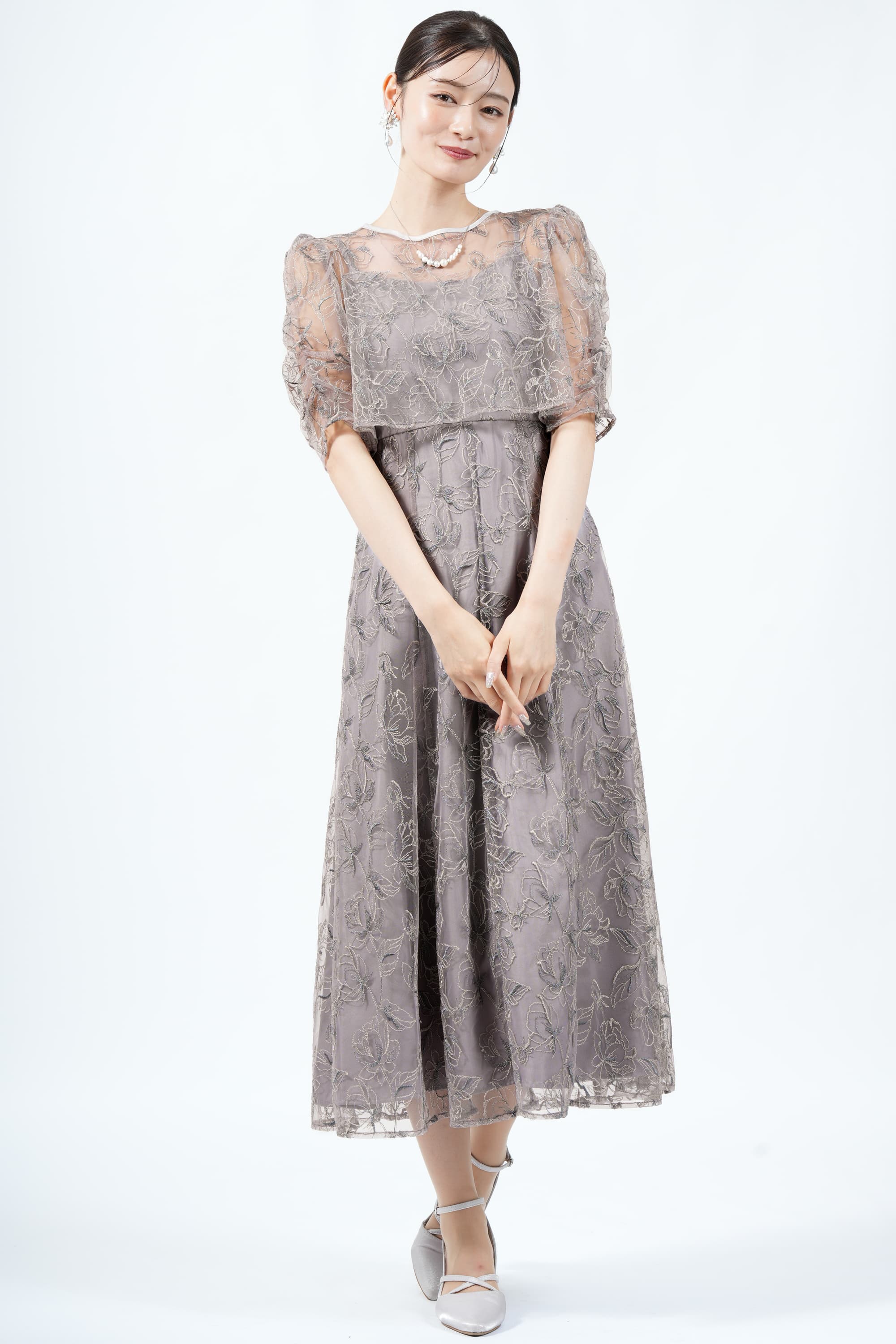 【おすすめ】 Hermoso を (M) レイヤードフローラル刺繍モーブドレス luxe ワンピース