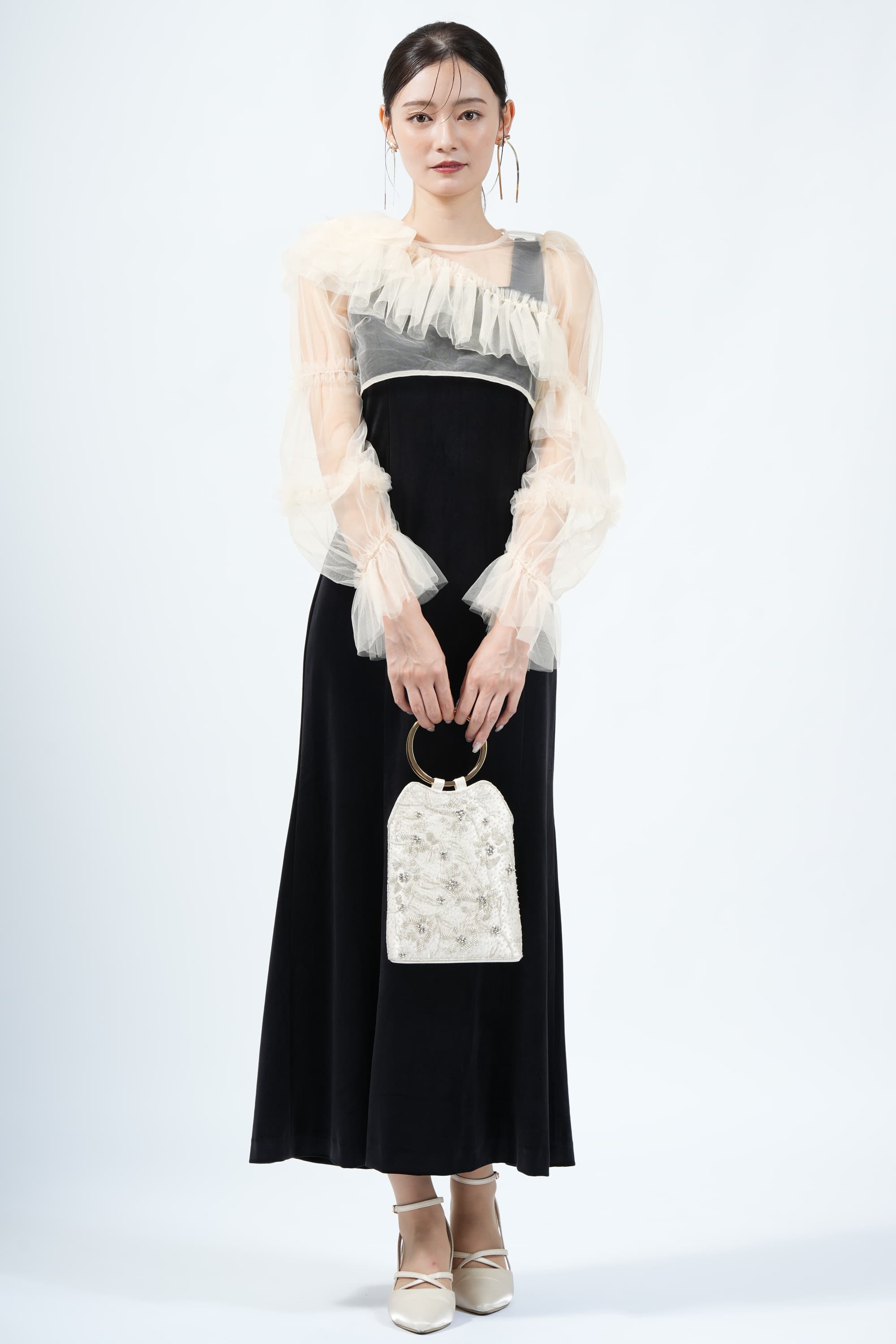 LILY BROWN アシメシアーボレロ付きベロアブラックドレス (M) を