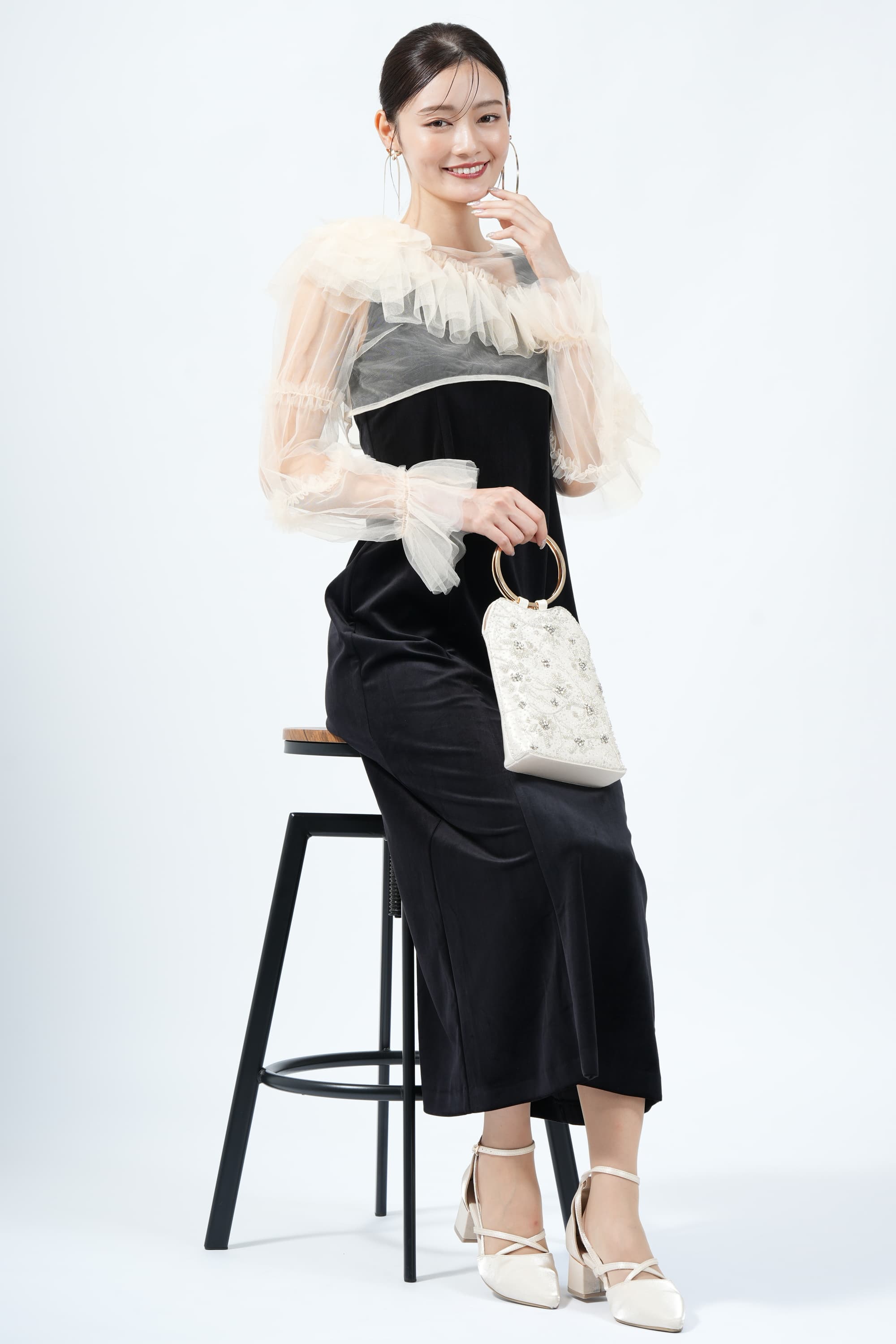 LILY BROWN アシメシアーボレロ付きベロアブラックドレス (M) を
