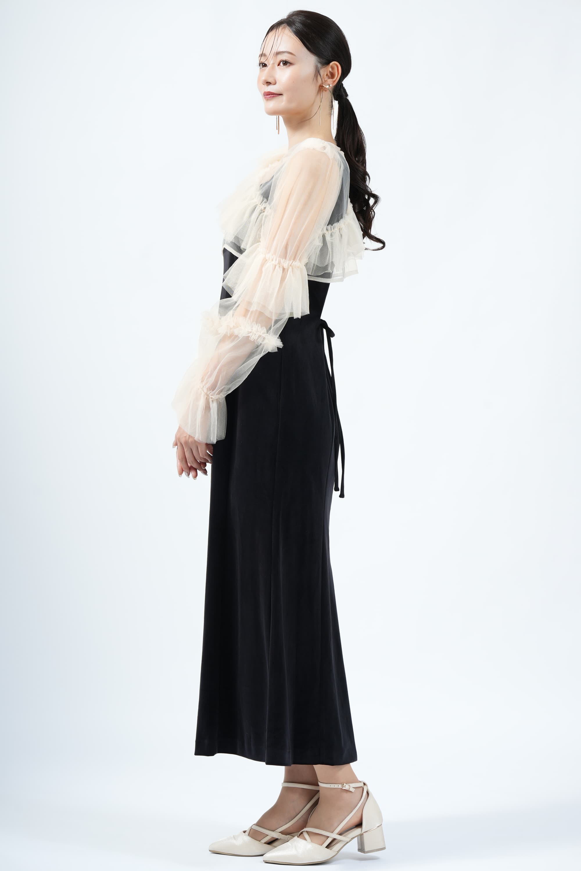 LILY BROWN アシメシアーボレロ付きベロアブラックドレス (S) を