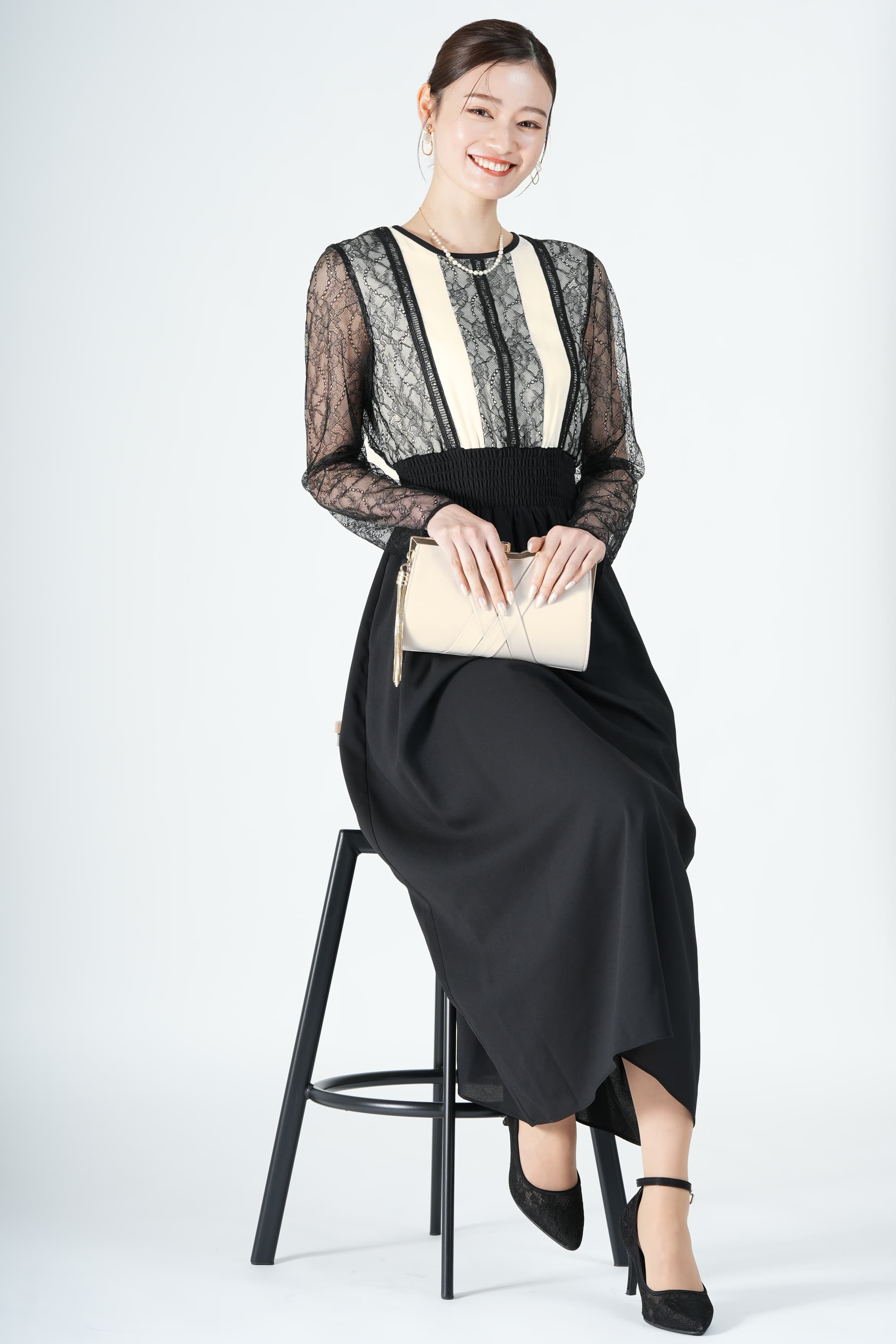 ヴィンテージ配色レースブラックドレス