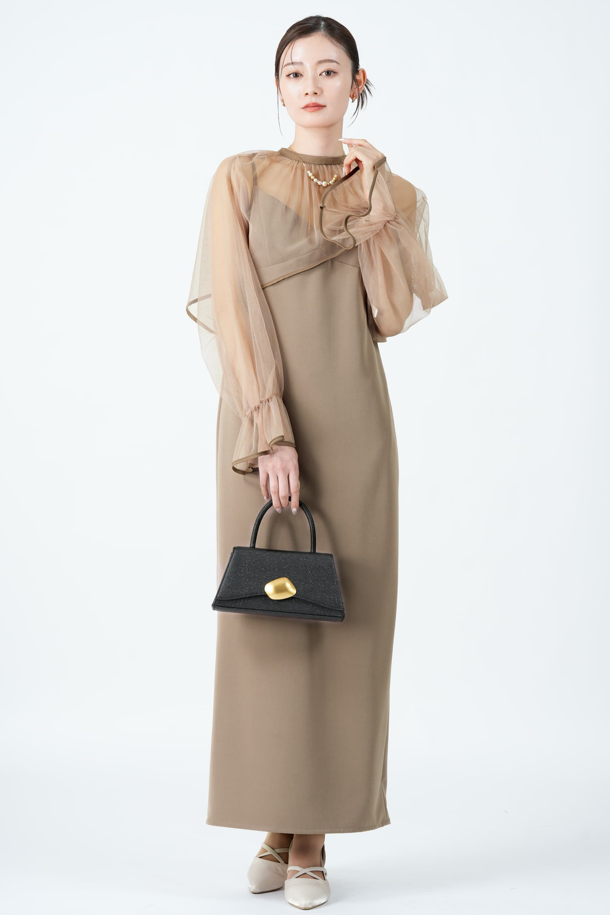 Ameri VINTAGE シアーチュールトップス付きベージュドレス (M) を 