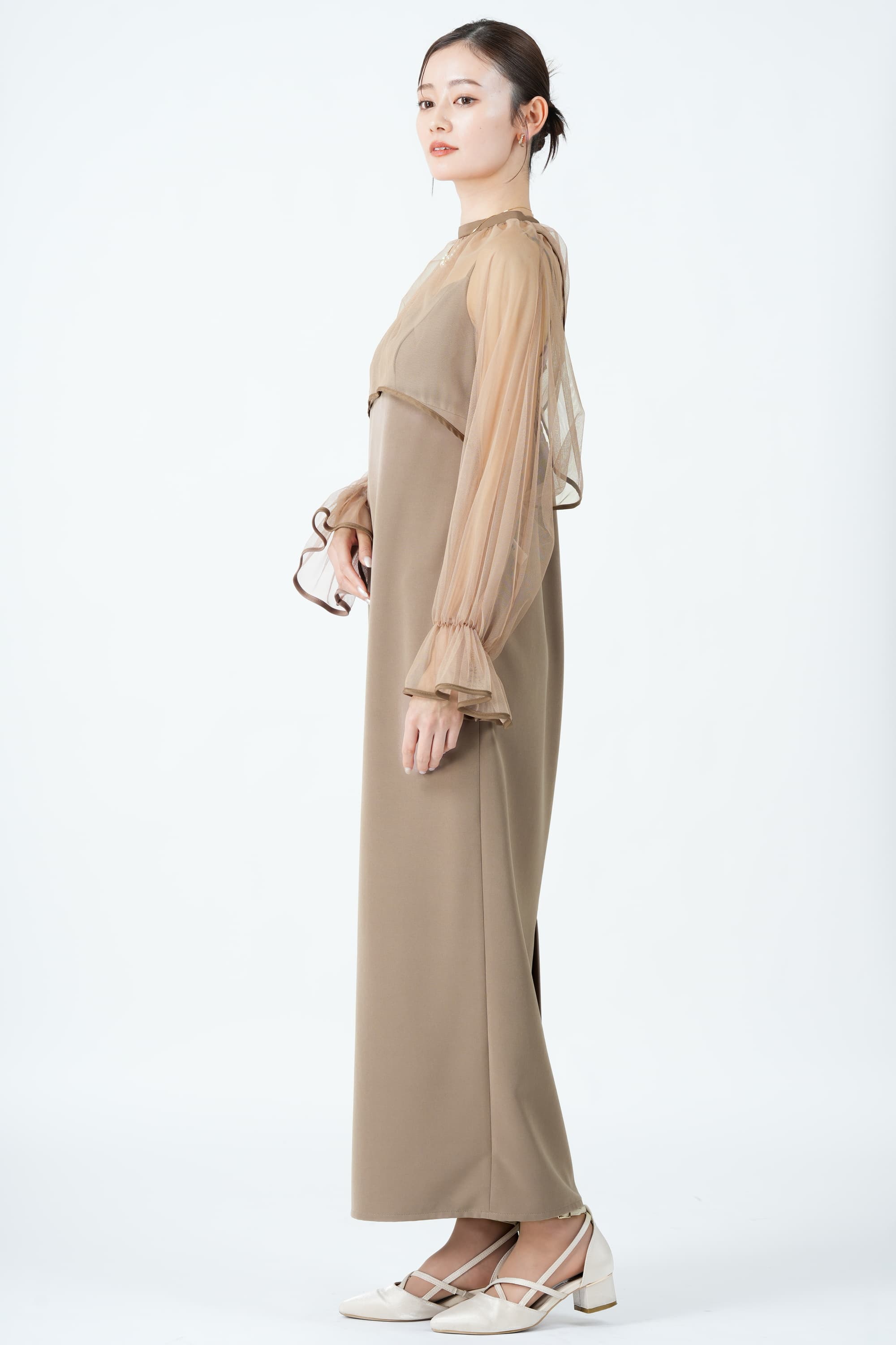 Ameri VINTAGE シアーチュールトップス付きベージュドレス (M) を 