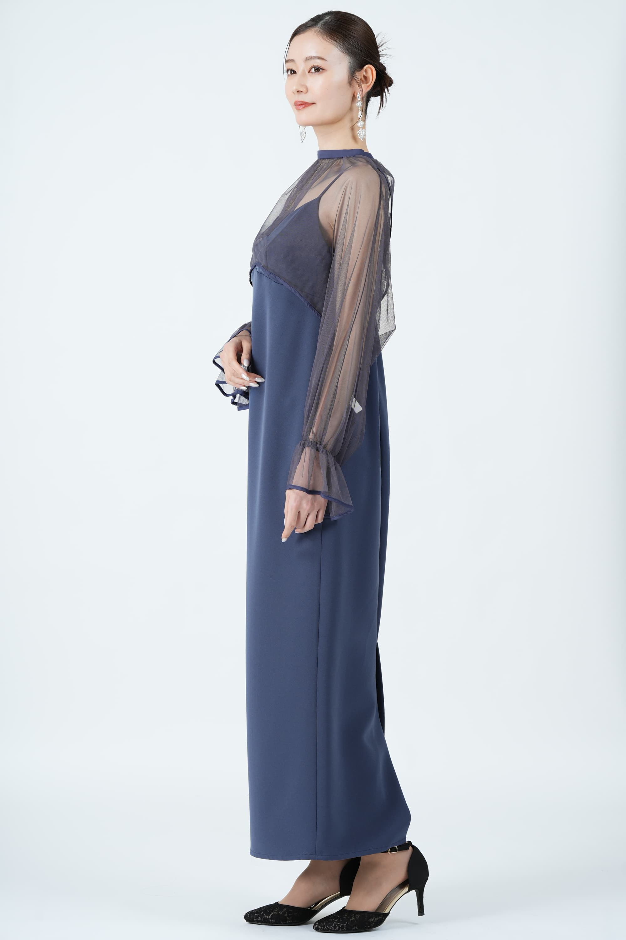 Ameri VINTAGE シアーチュールトップス付きネイビードレス (S