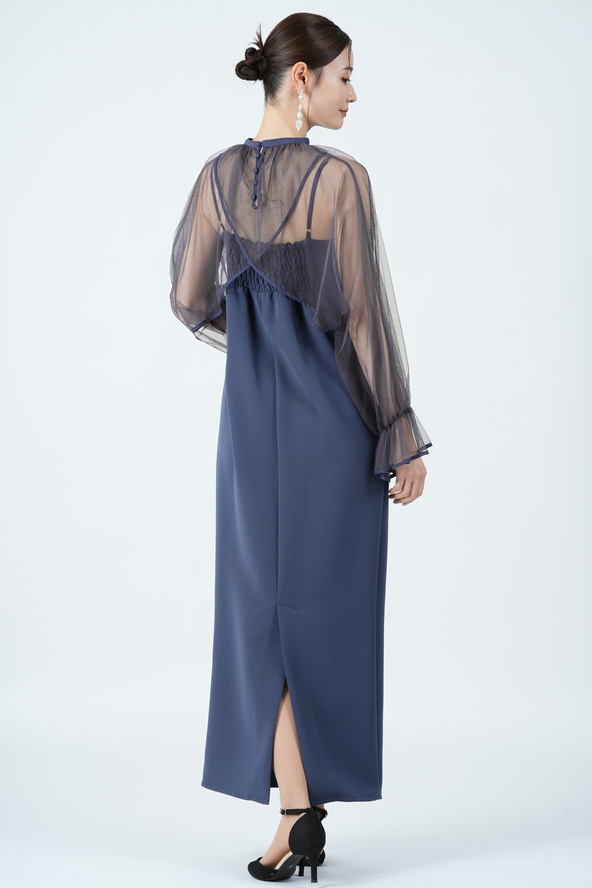 Ameri VINTAGE シアーチュールトップス付きネイビードレス (S