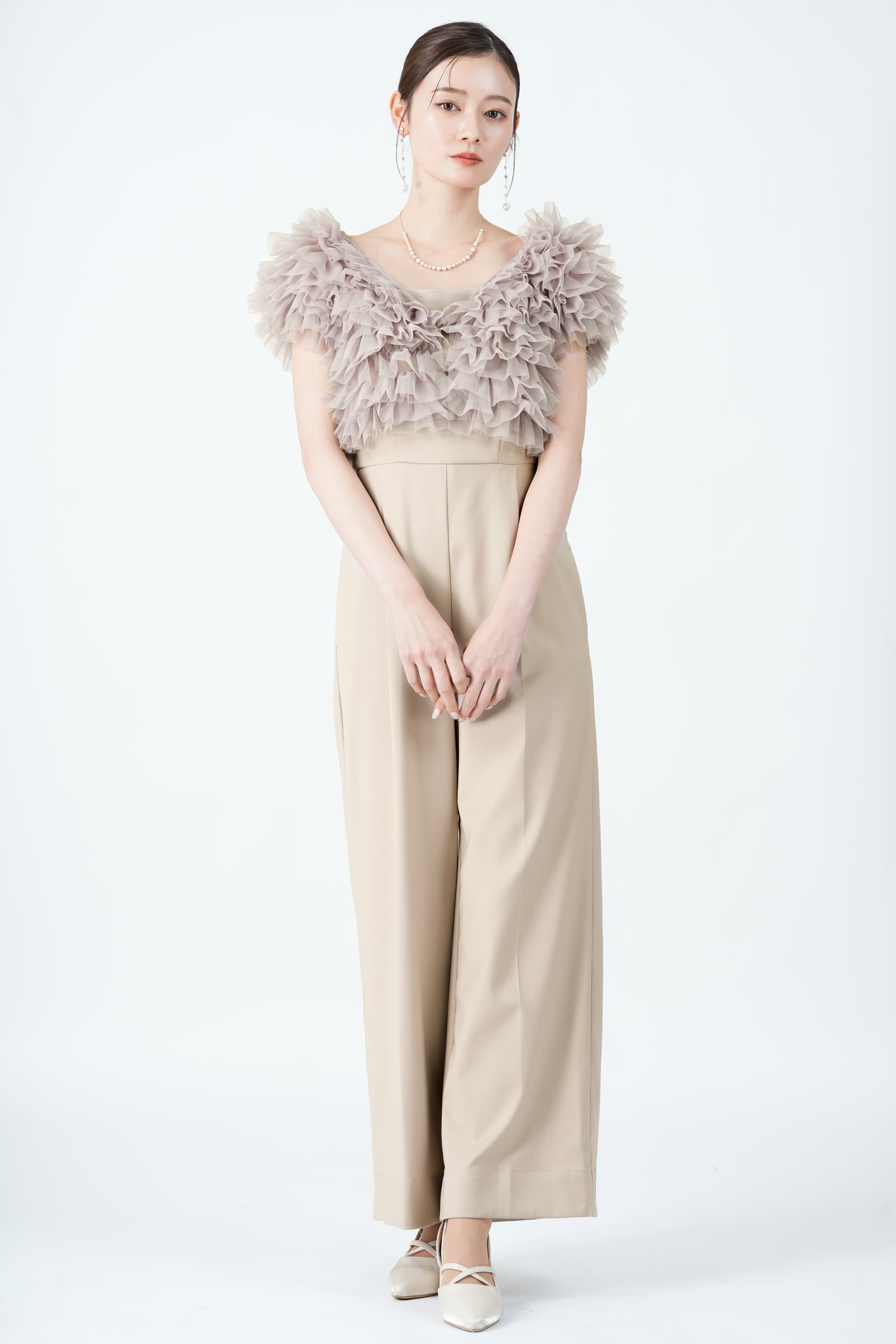 SNIDEL 配色チュールボレロ付きピンクベージュパンツドレス (M