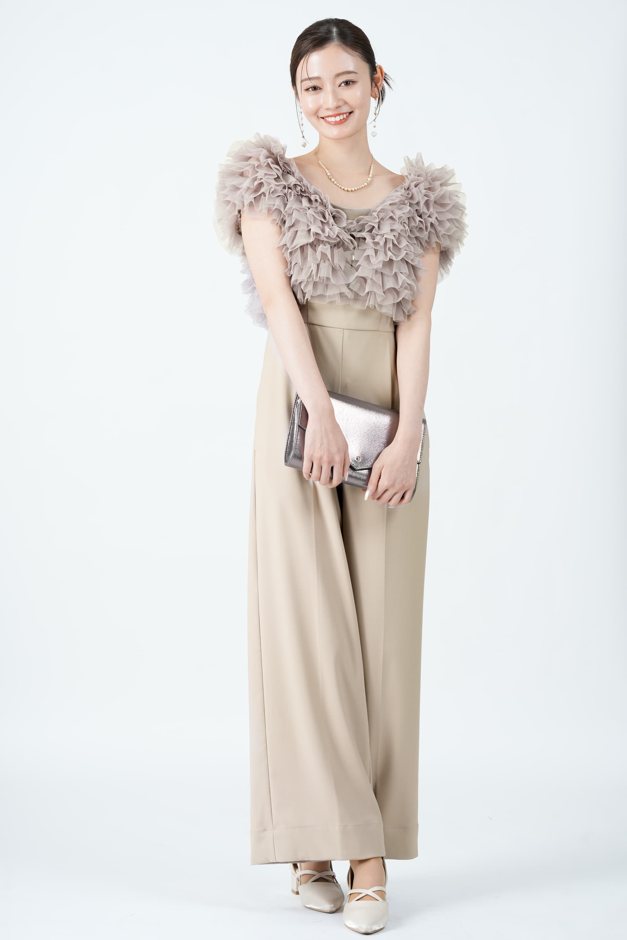 SNIDEL 配色チュールボレロ付きピンクベージュパンツドレス (S