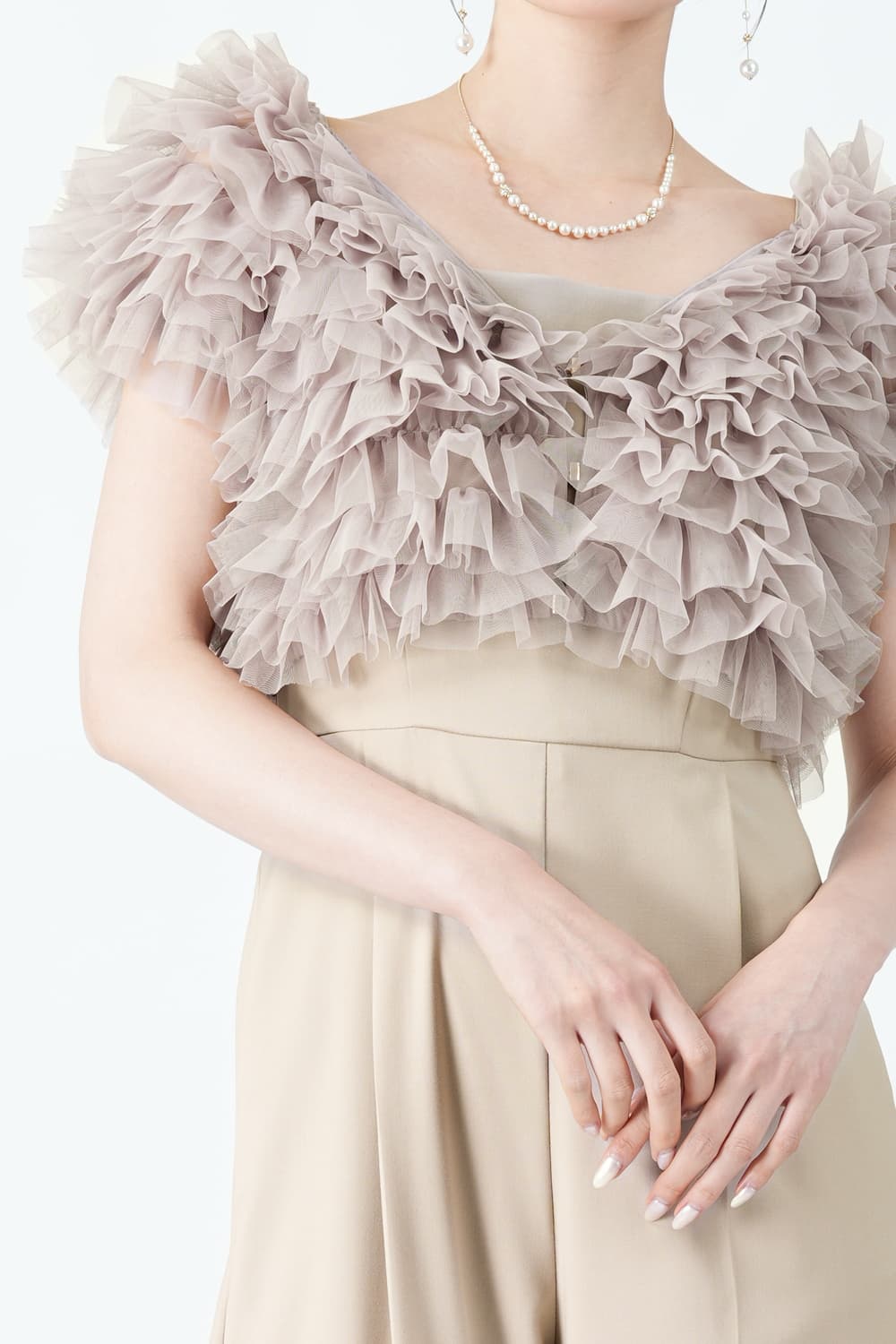 SNIDEL 配色チュールボレロ付きピンクベージュパンツドレス (S