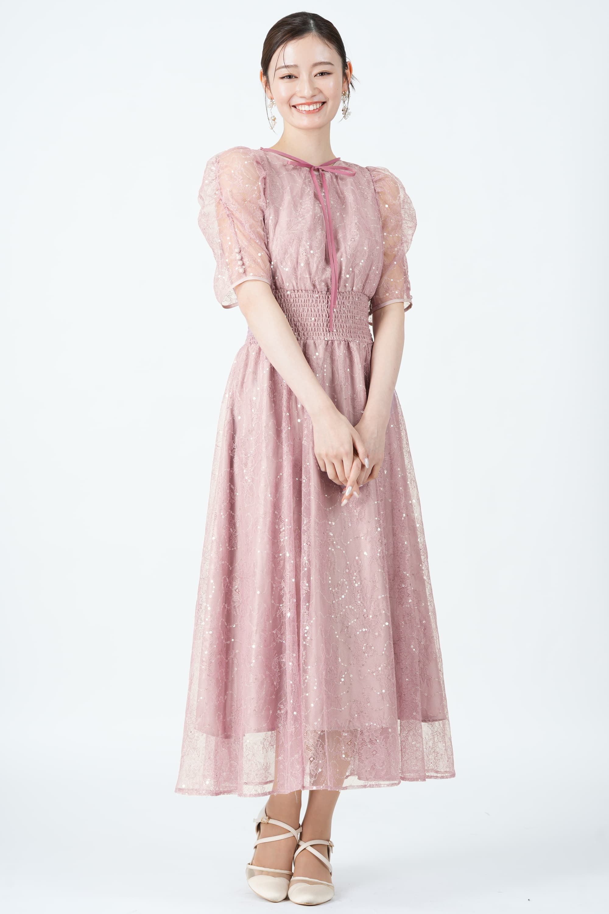 JILLSTUART スパンコール総レースピンクドレス (M) をレンタル
