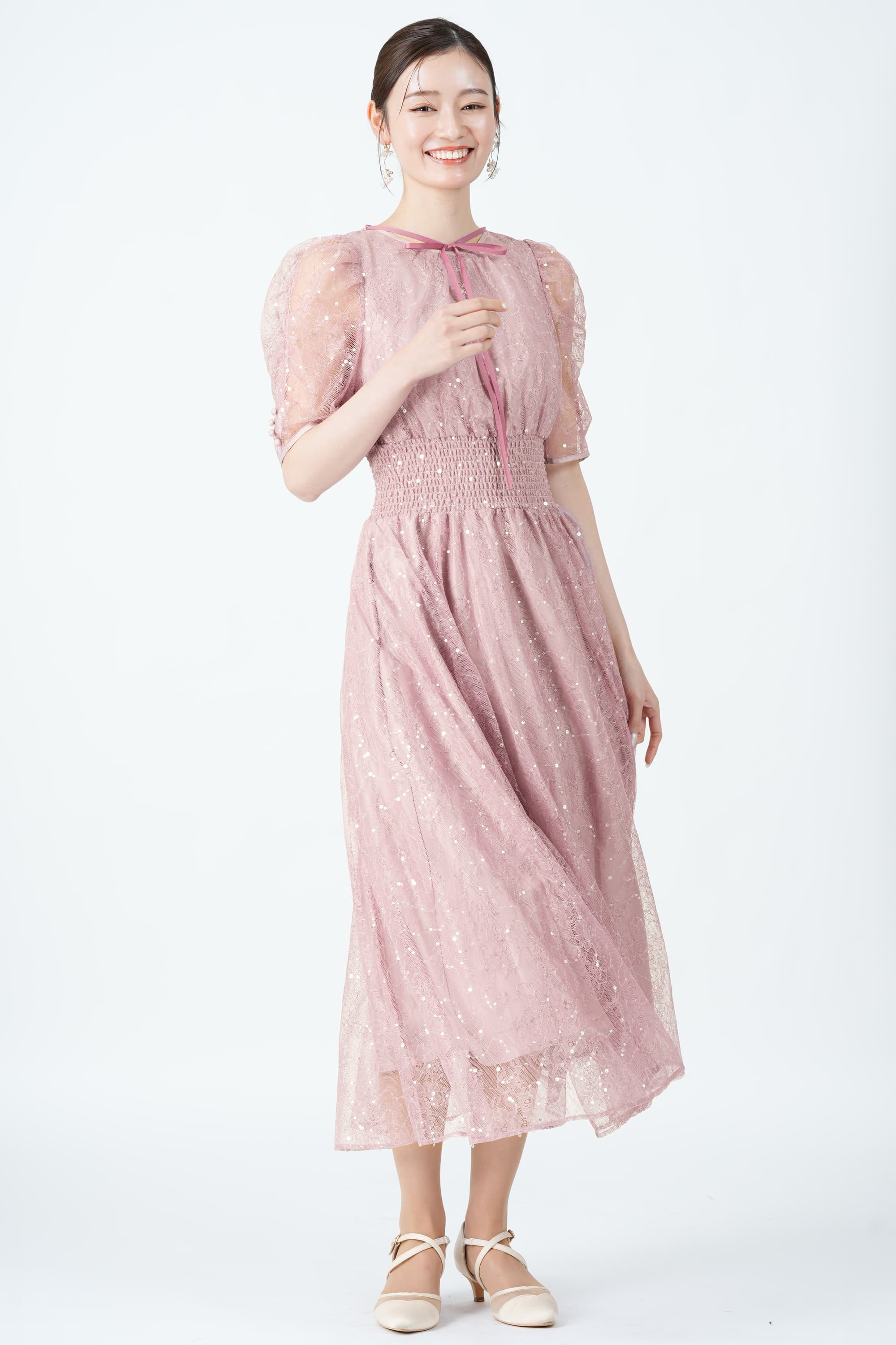 JILLSTUART スパンコール総レースピンクドレス (M) をレンタル