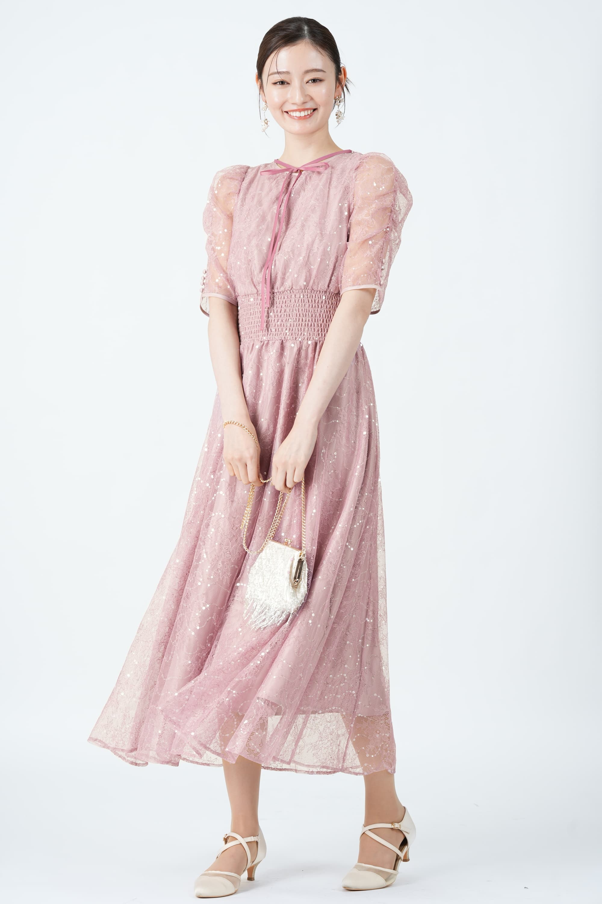 JILLSTUART スパンコール総レースピンクドレス (M) をレンタル