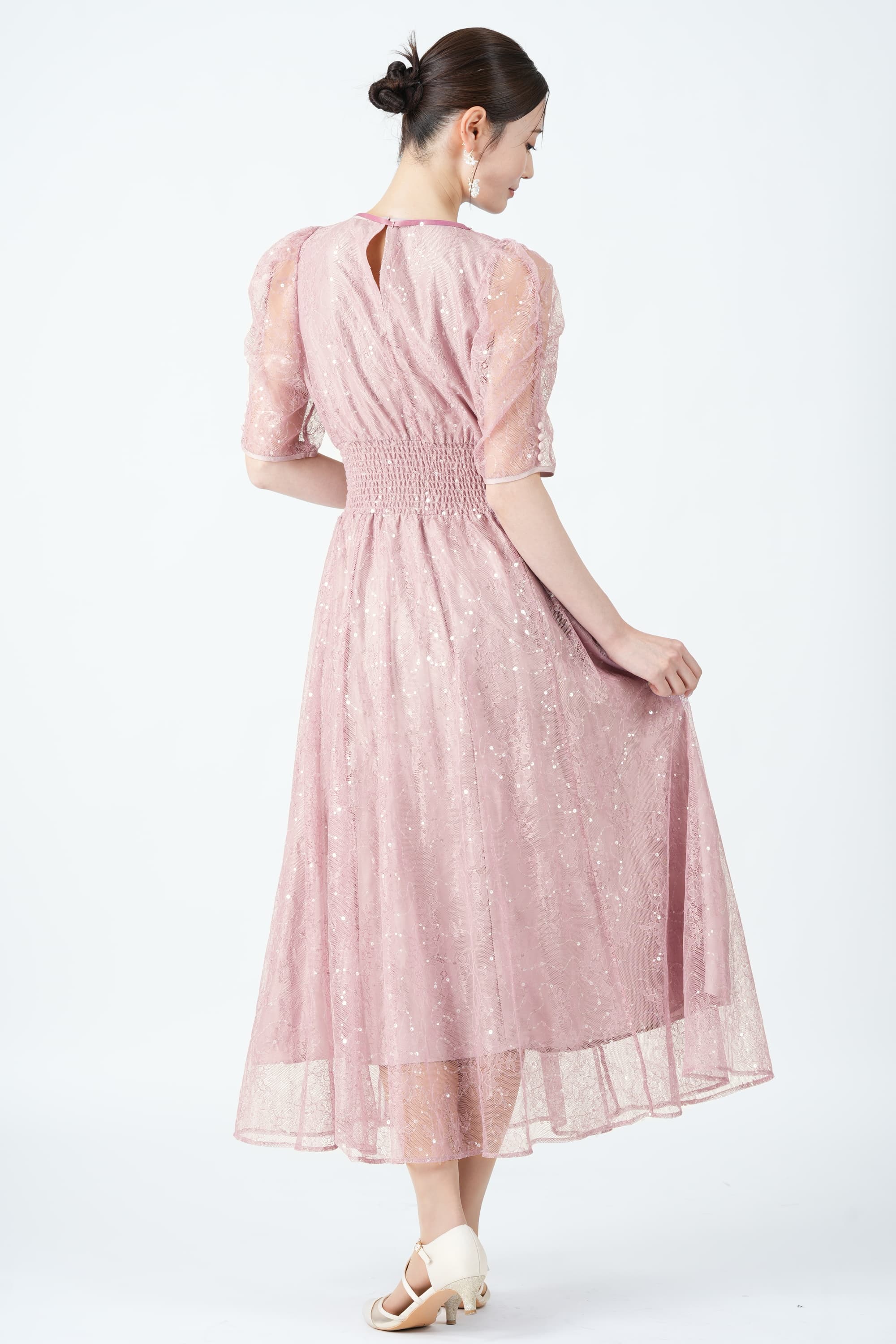 ローズピンク レース スパンコール ドレス JILL STUART ジルスチュアート スパンコール付きレースドレス