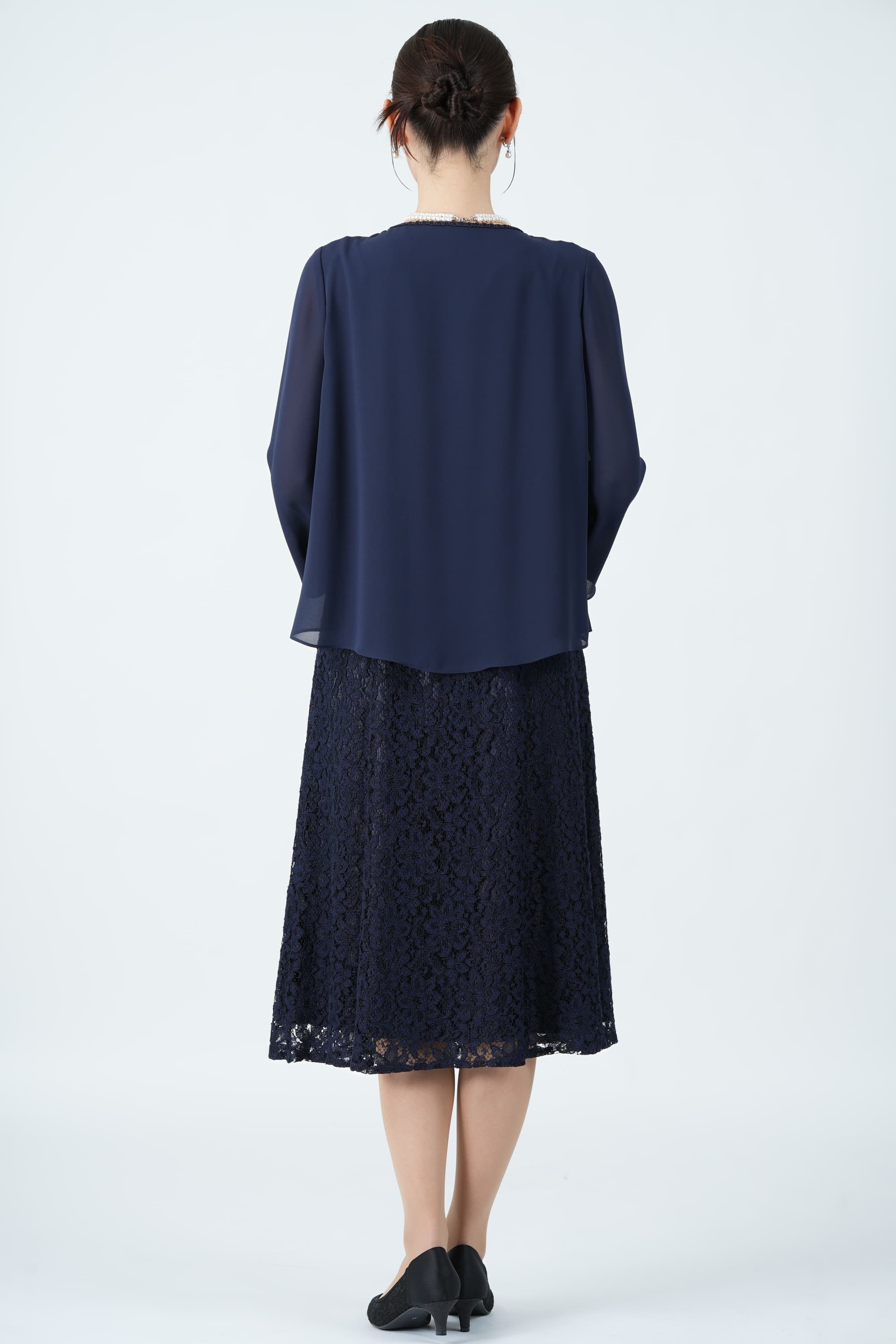 極美品❤️ Apploberry 東京ソワール　ワンピース　レース　ネイビー　M Apploberry 東京ソワール シフォンカバーアップ×総レース