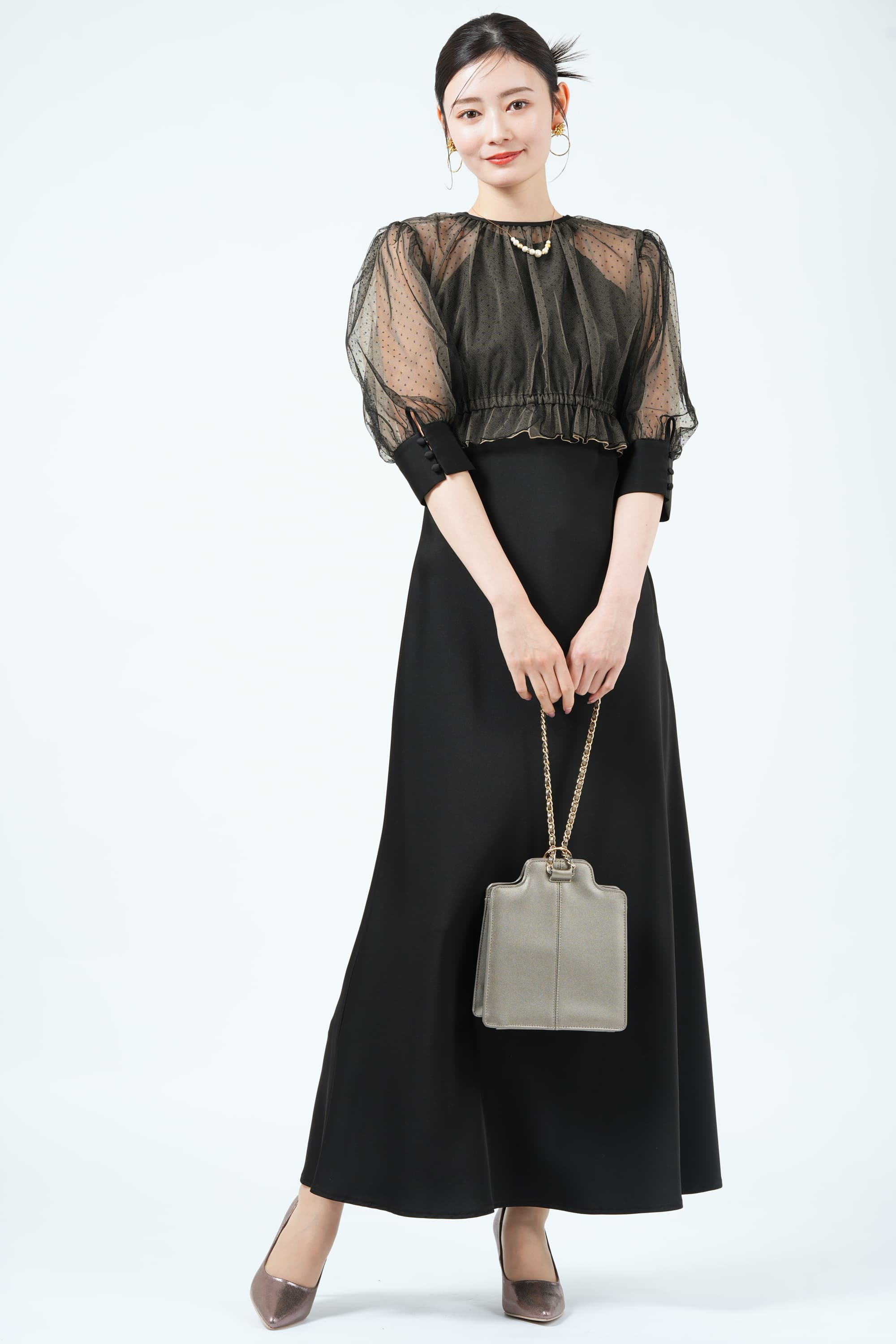 ameri vintage チュールドッキングドレス　Sサイズ✴︎ブラック✴︎ Ameri VINTAGE チュールベスト付きブラックドレス (S) をレンタル