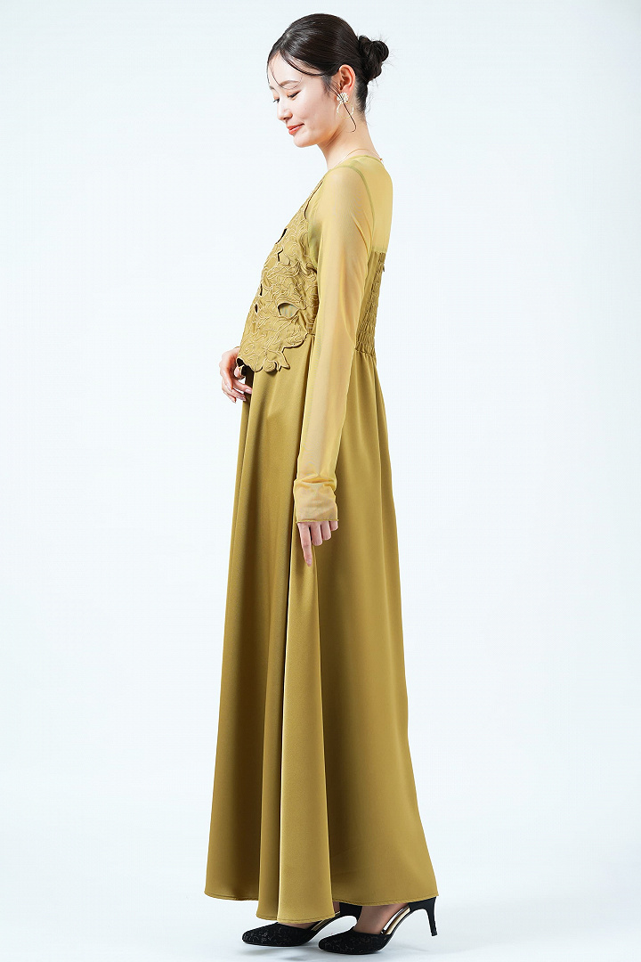 アッパーアシメ刺繍マスタードドレス