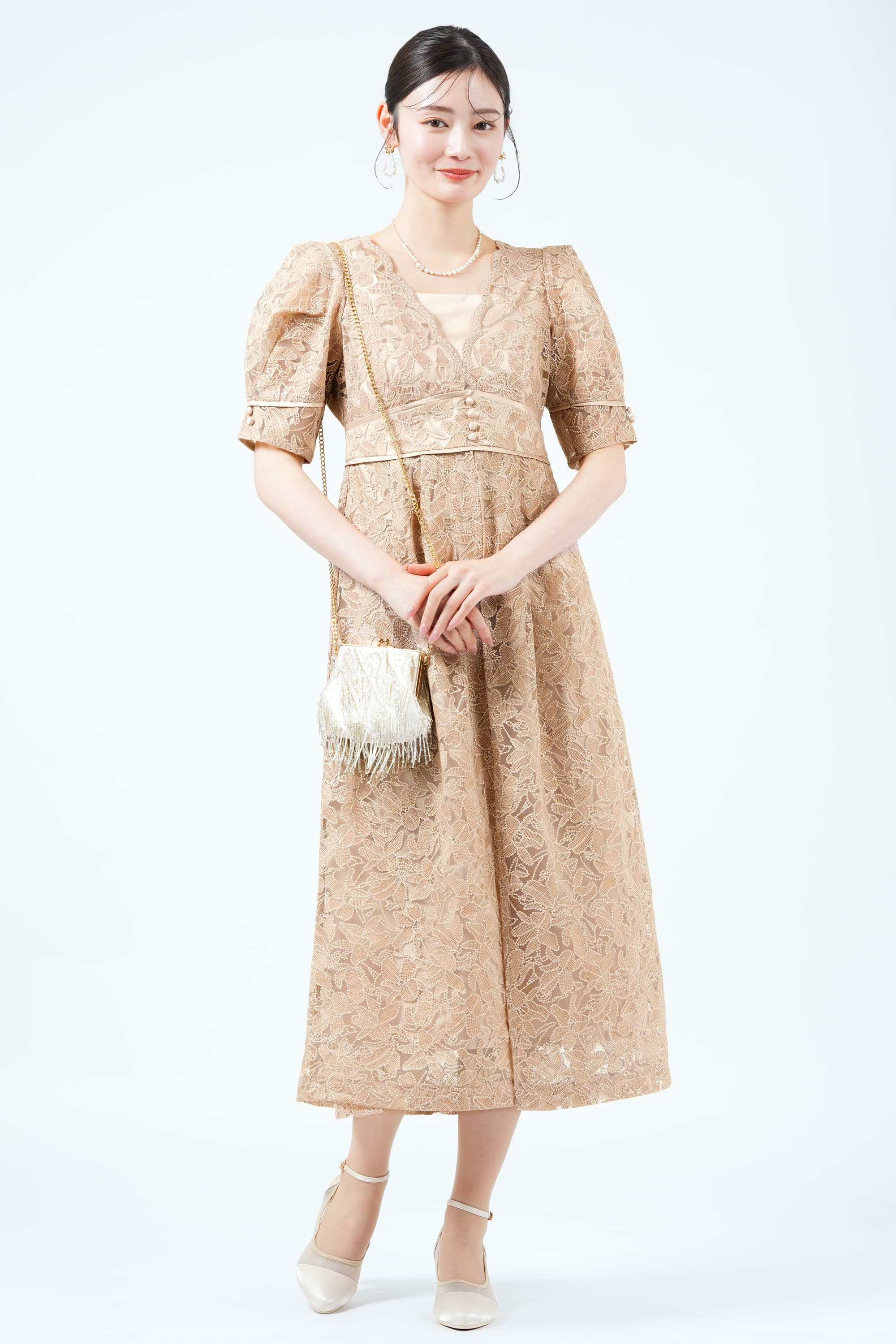 リリーブラウン オリエンタルモチーフ レース ドレス M ベージュ 結婚