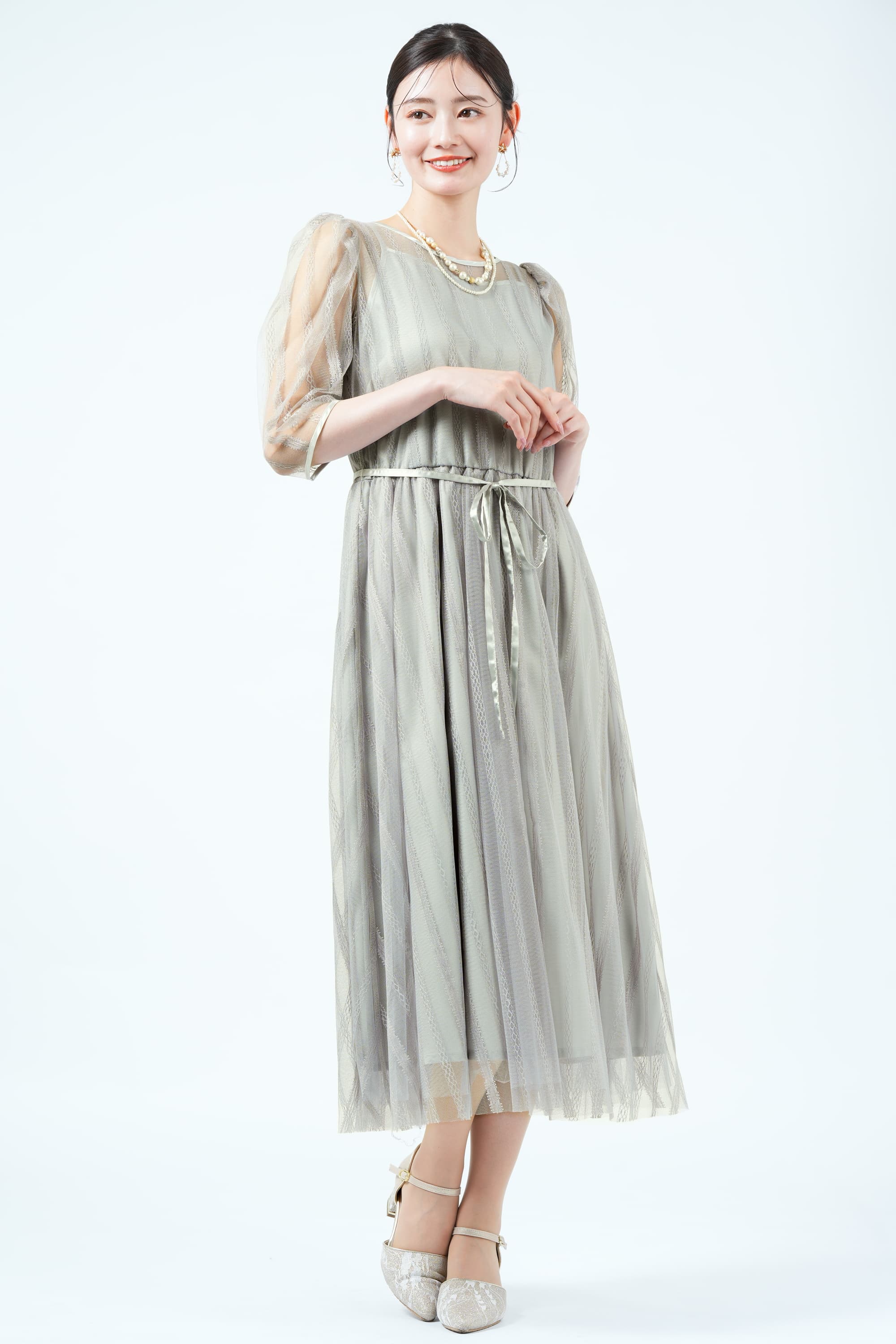 グリーンホワイトストライプマキシドレス LAISSE PASSE ストライプ柄総レースくすみグリーンドレス (S) を