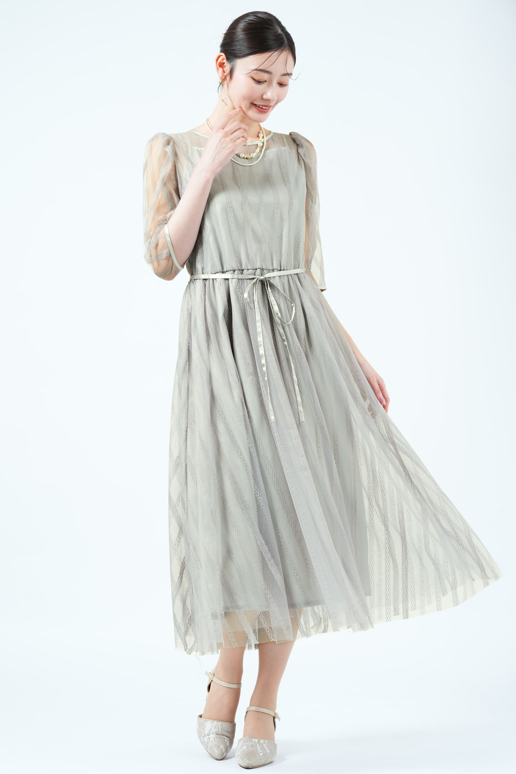 ストライプ柄総レースくすみグリーンドレス