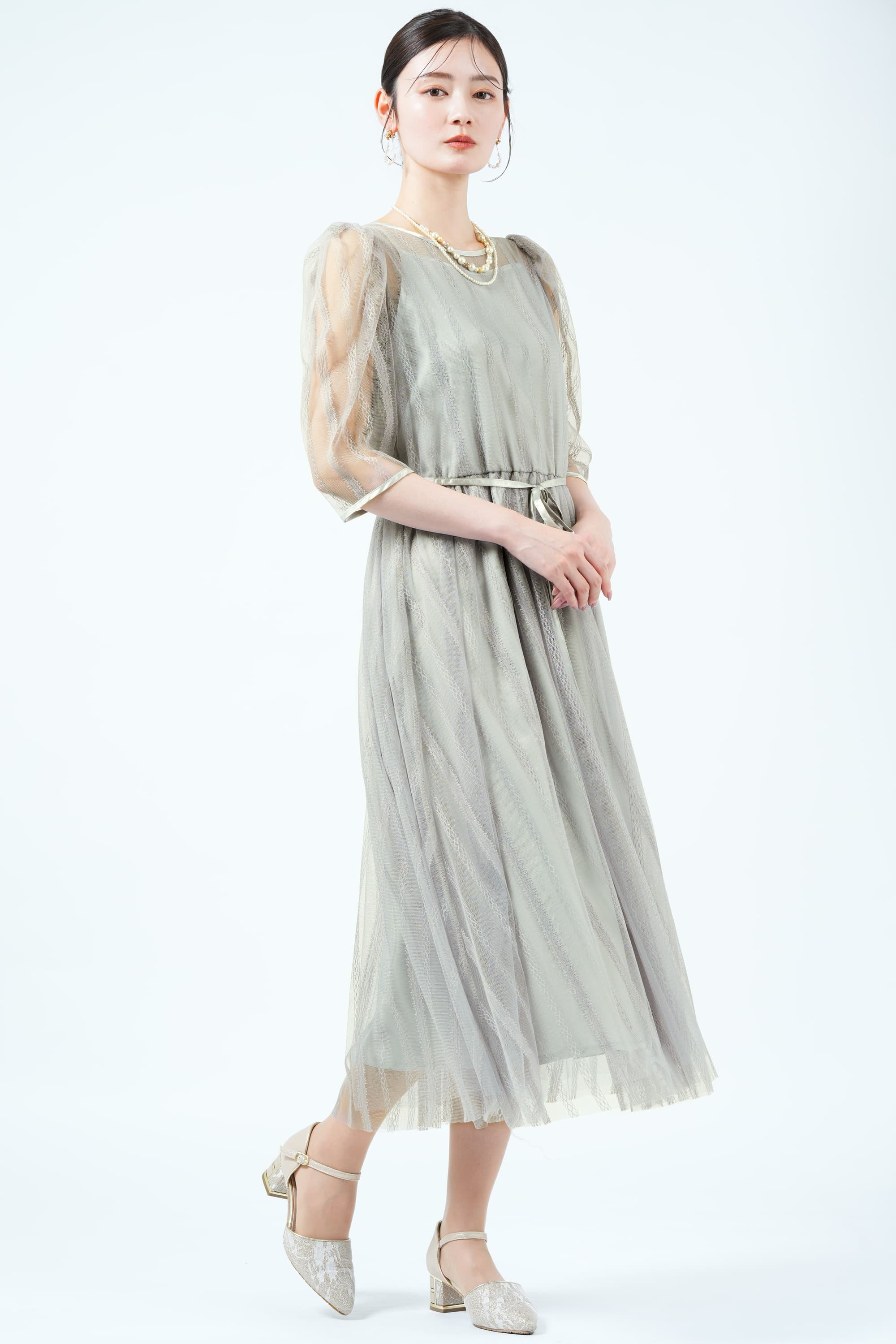 グリーンホワイトストライプマキシドレス シフォンマキシドレス(グリーン)SR1-296GR-L | OTONA DRESS