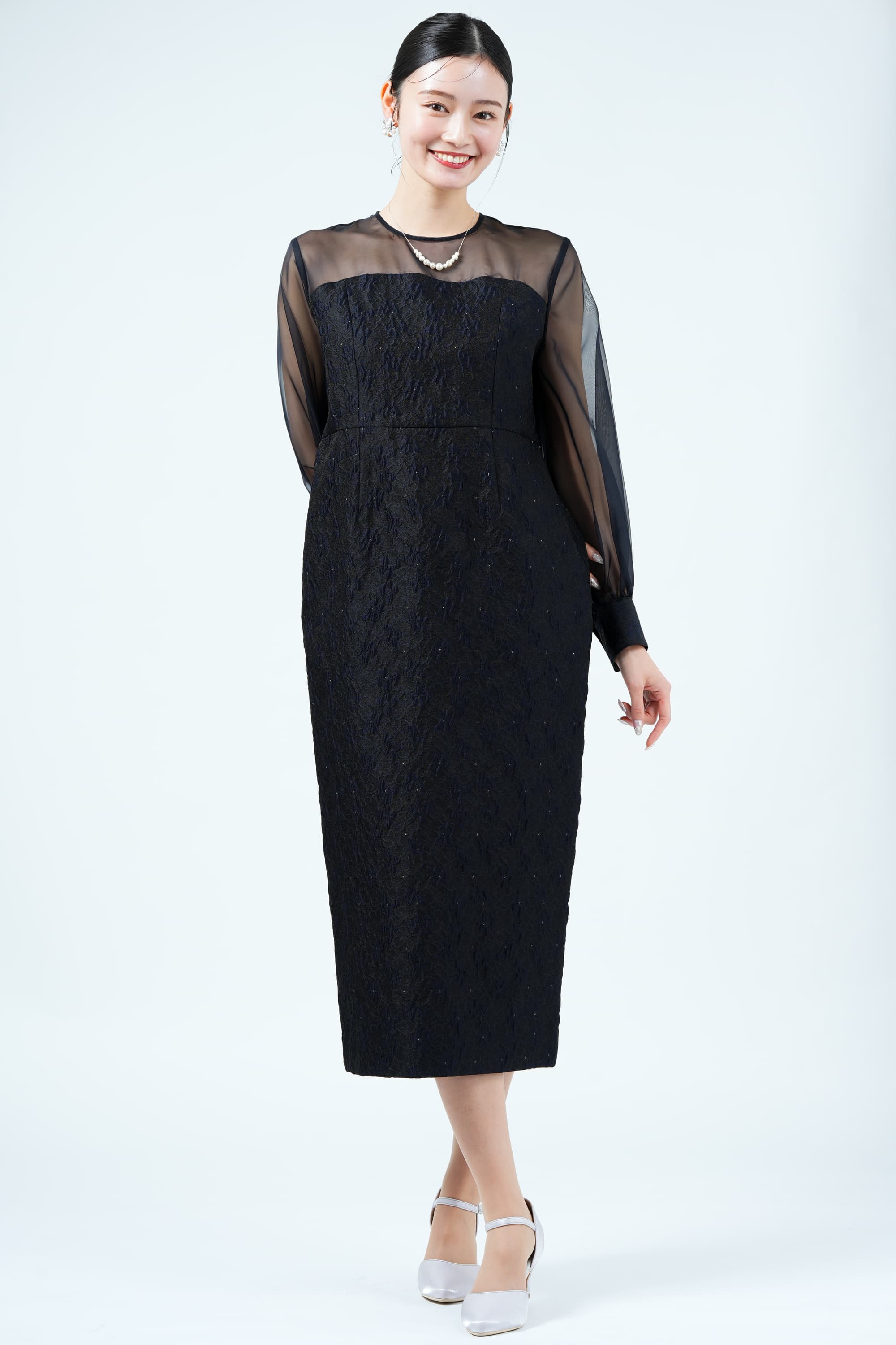 最終値下 UNITED ARROWS オケージョンドレス UNITED ARROWS バルーン袖ジャガード濃紺ドレス (M) をレンタル - 結婚