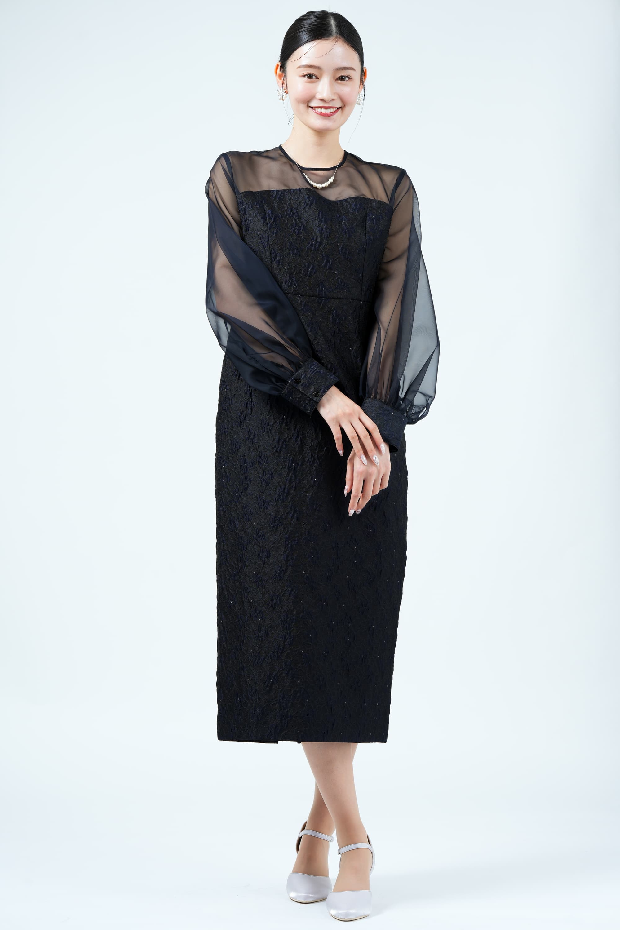 UNITED ARROWS バルーン袖ジャガード濃紺ドレス (M) をレンタル