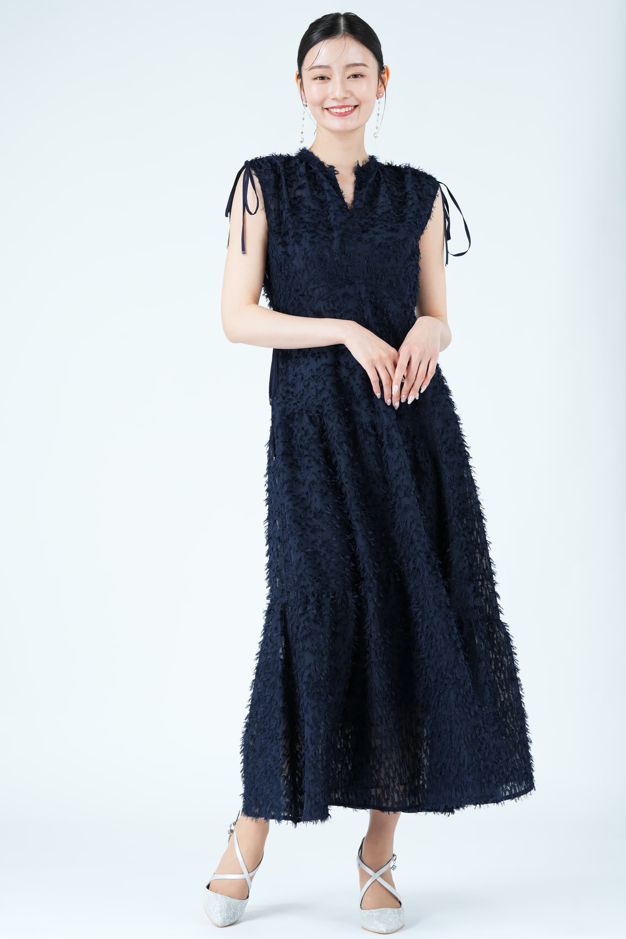 FRAY I D ネイビー フリル袖 ロングドレス FRAY I D ネイビー フリル袖 ロングドレス