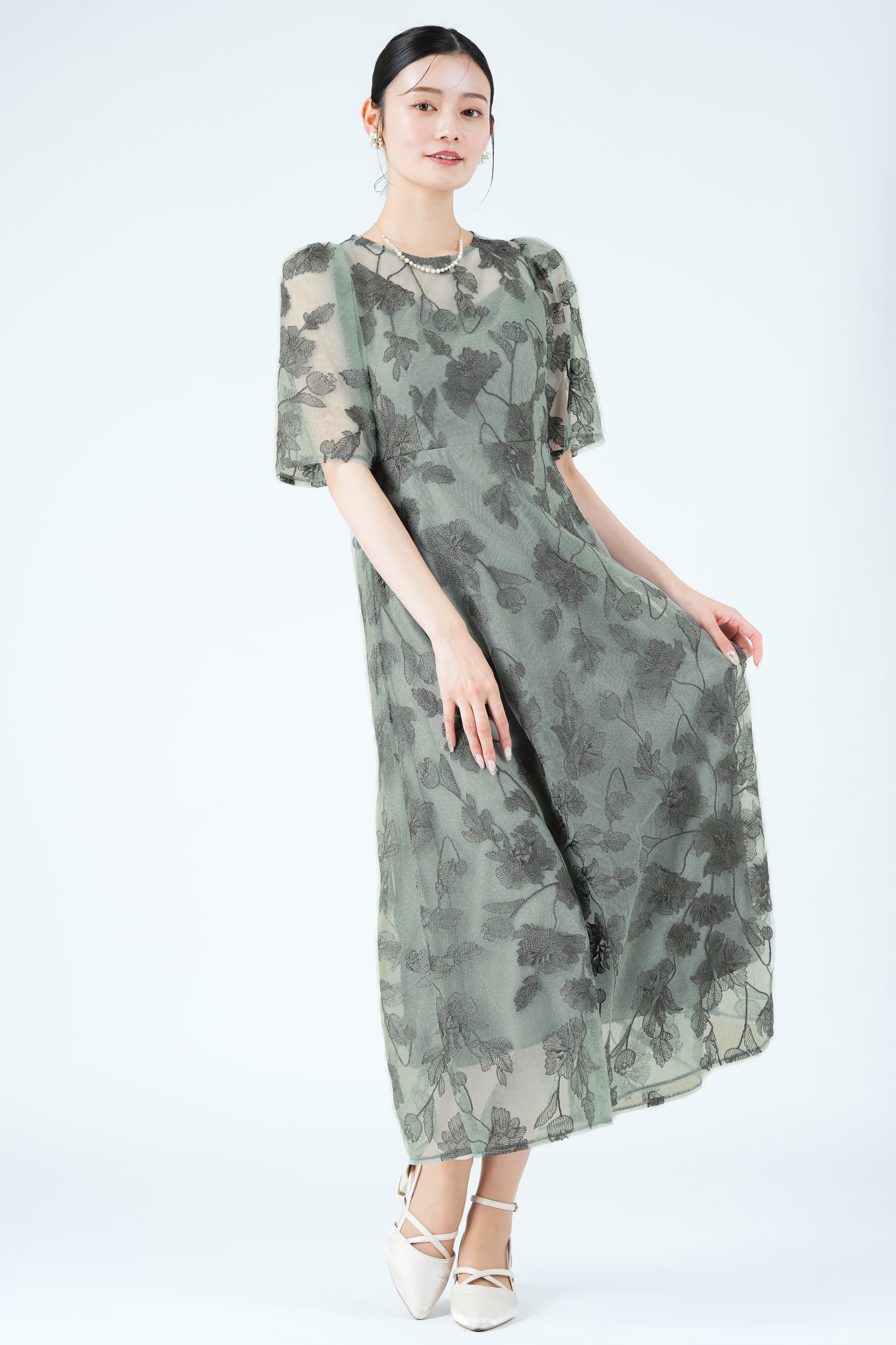 URBAN RESEARCH ROSSO 配色リーフフラワー柄グリーンドレス (M