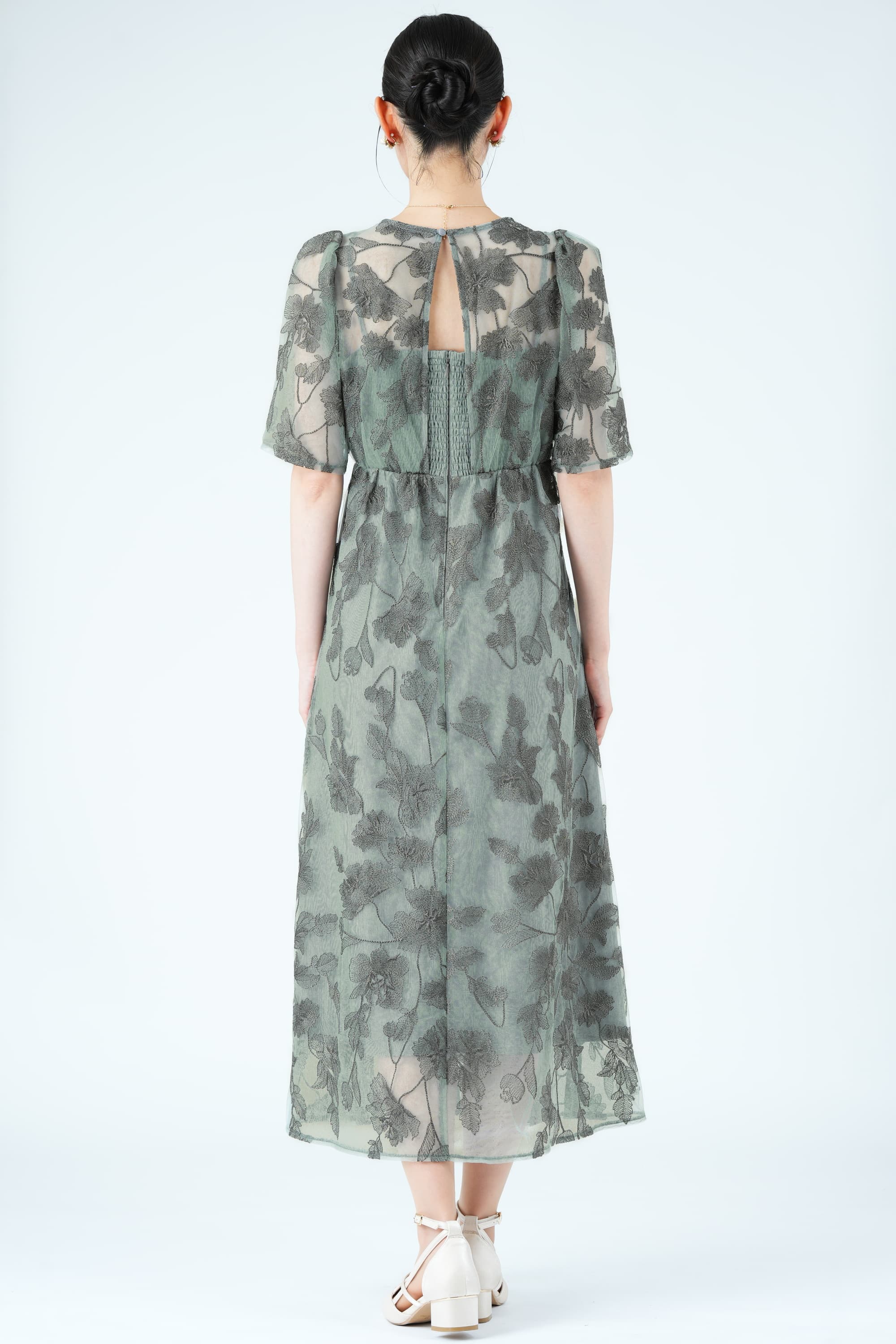 【 レアカラー / 日本製 】ロリス　マキシ丈　グラデーション　グリーン　グレー シフォンマキシドレス(グリーン)SR1-296GR-M | OTONA DRESS