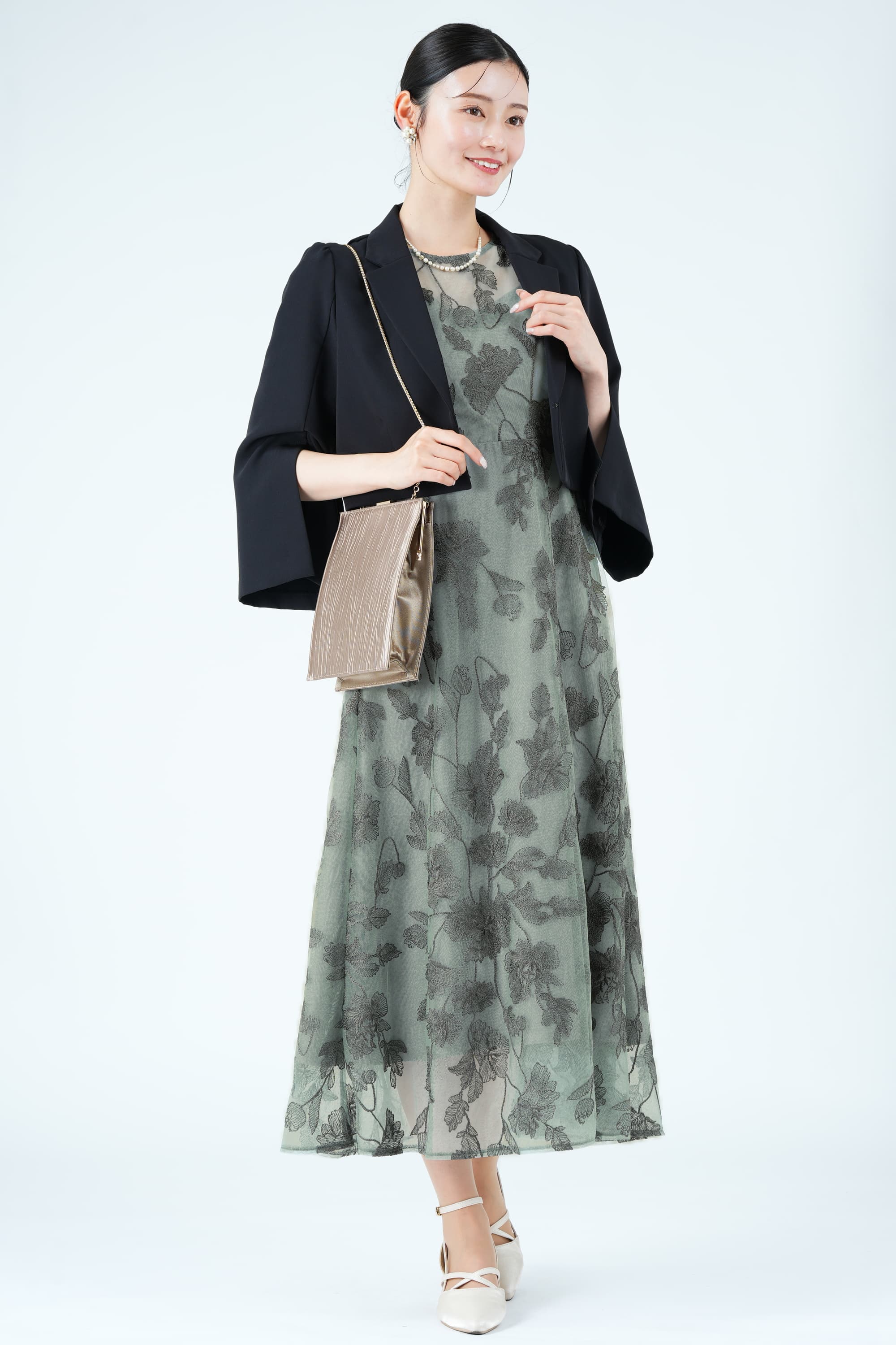 URBAN RESEARCH ROSSO 配色リーフフラワー柄グリーンドレス (M