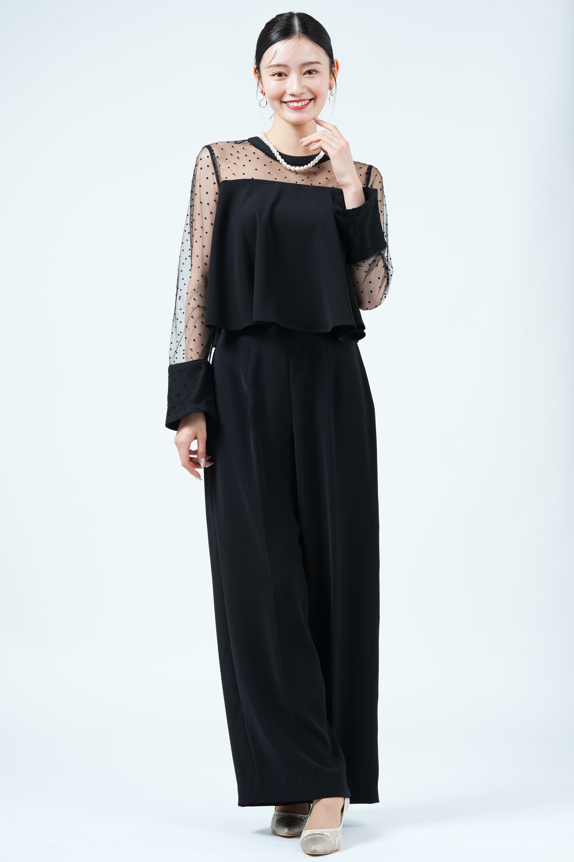 nano・universe フロッキードット切り替えブラックパンツドレス