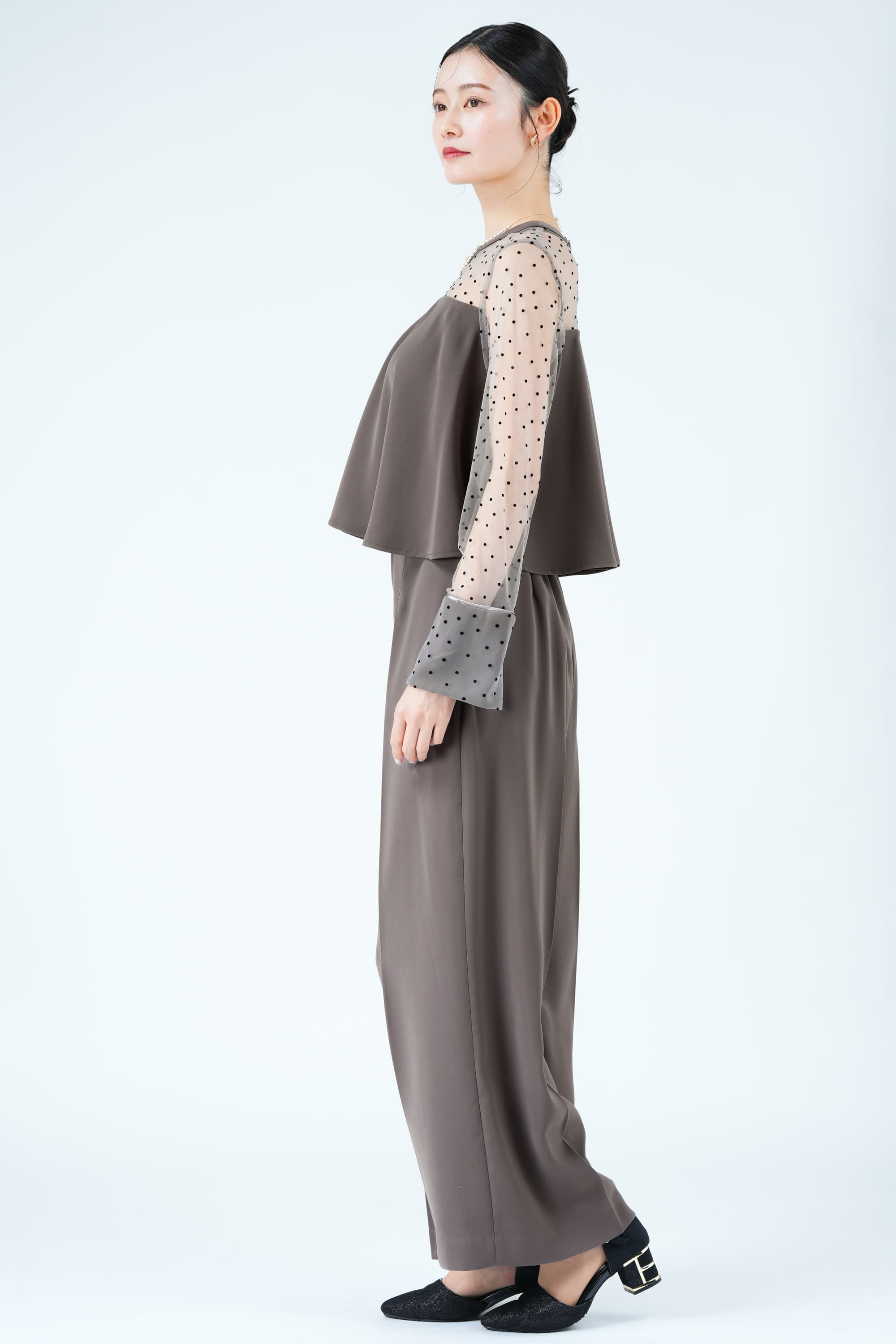 nano・universe フロッキードット切り替えグレーパンツドレス (S