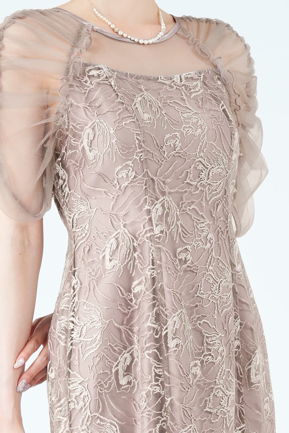 フラワー刺繍パフスリーブピンクベージュドレス