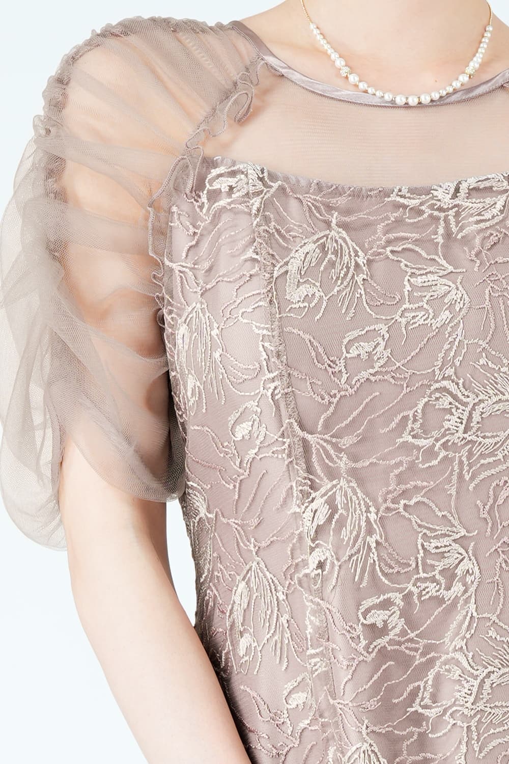 フラワー刺繍パフスリーブピンクベージュドレス