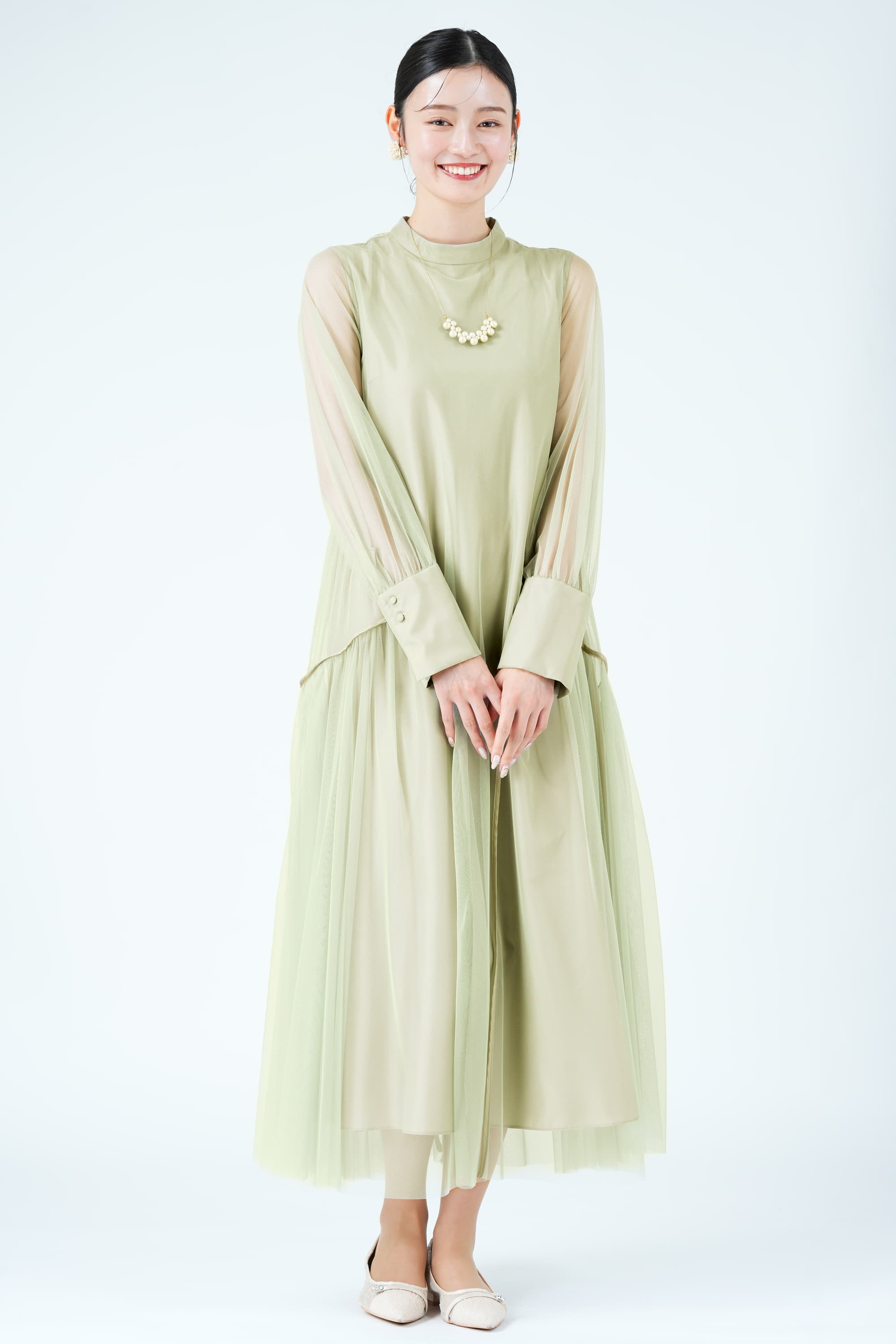 ANDRESD 総チュール×パイピングイエローグリーンドレス (M) を ANDRESD 総チュール×パイピングイエローグリーンドレス (M) を