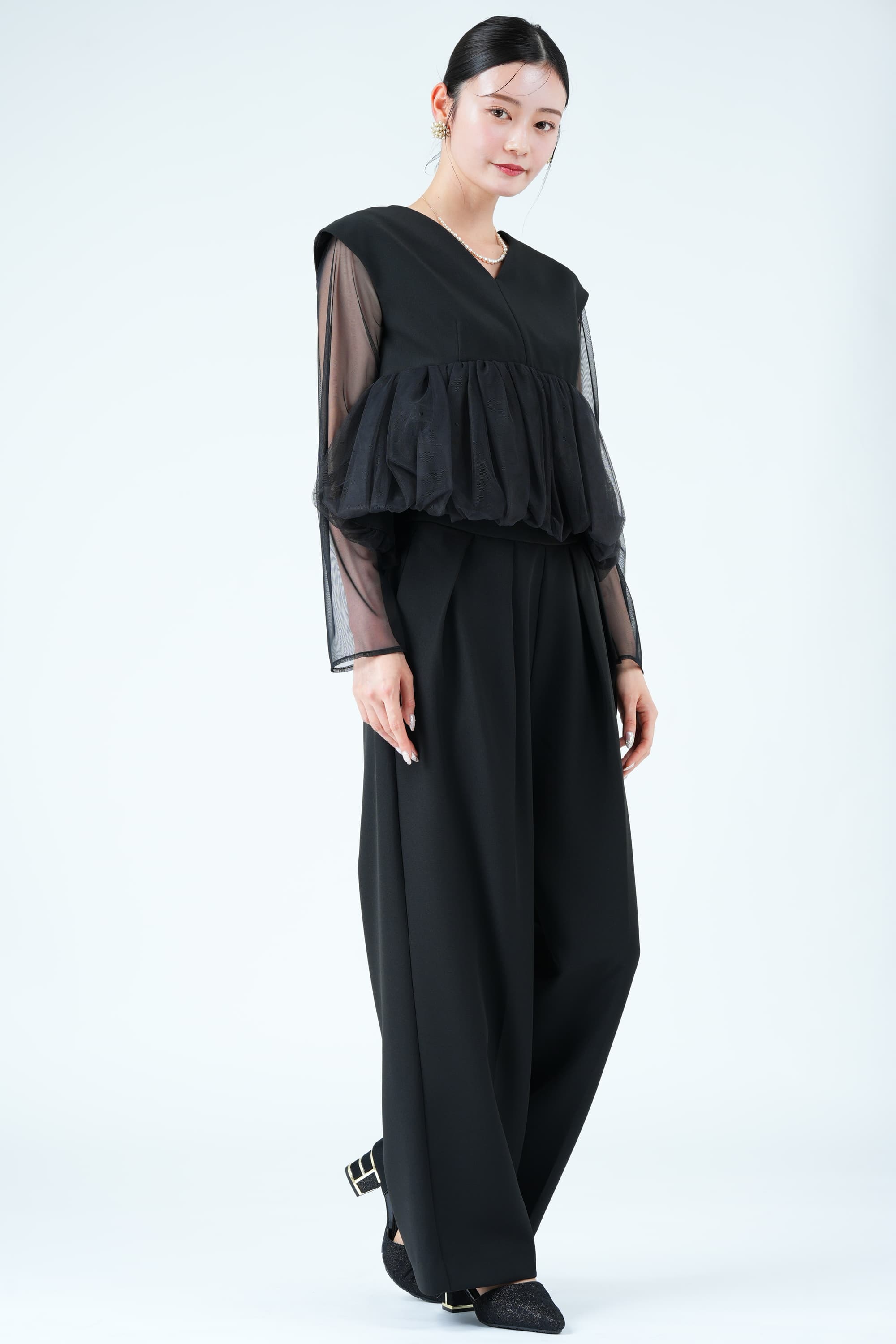 ANDRESD バルーンペプラムブラックパンツドレス (L) をレンタル