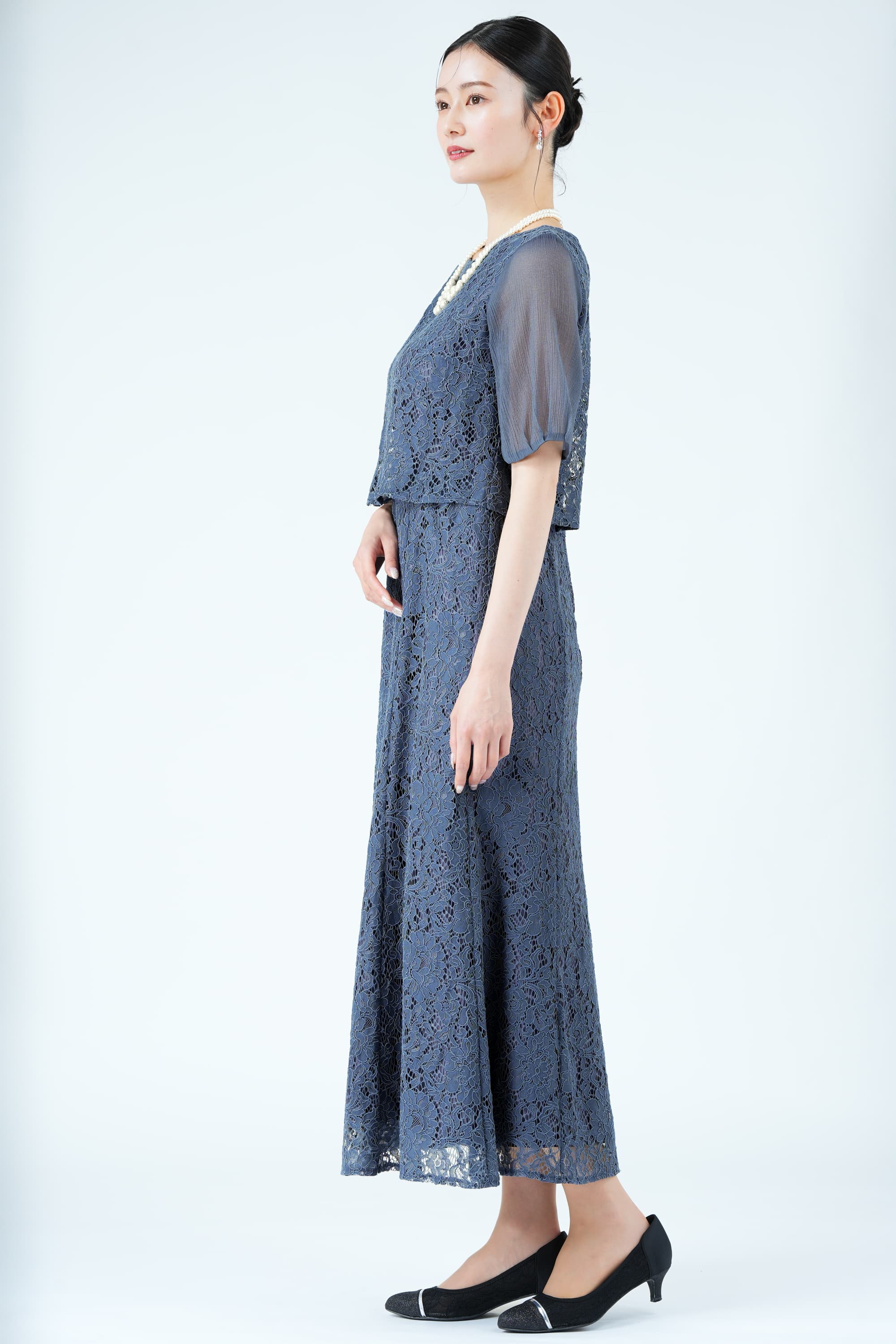 シアー袖マーメイドラインネイビードレス