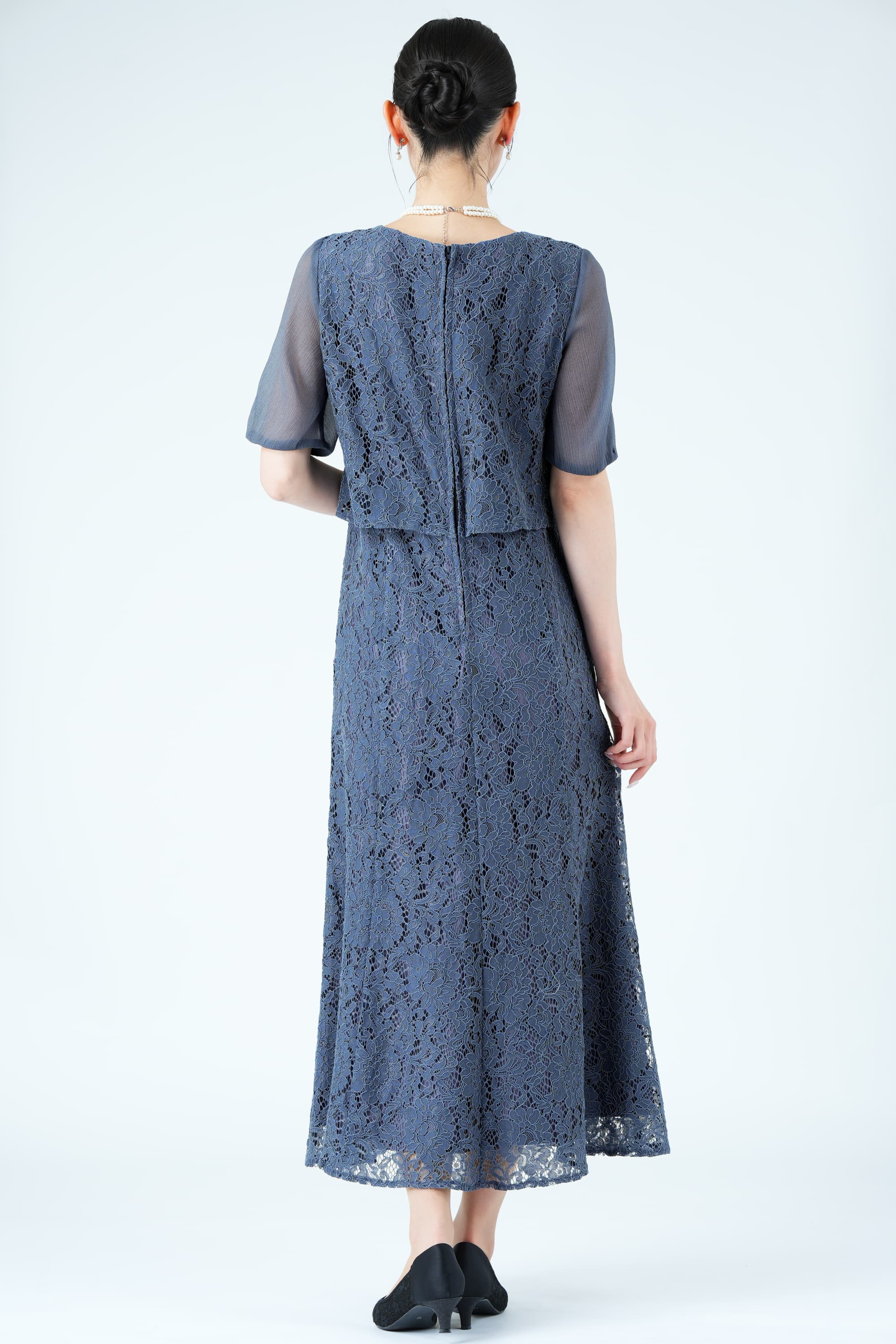 シアー袖マーメイドラインネイビードレス